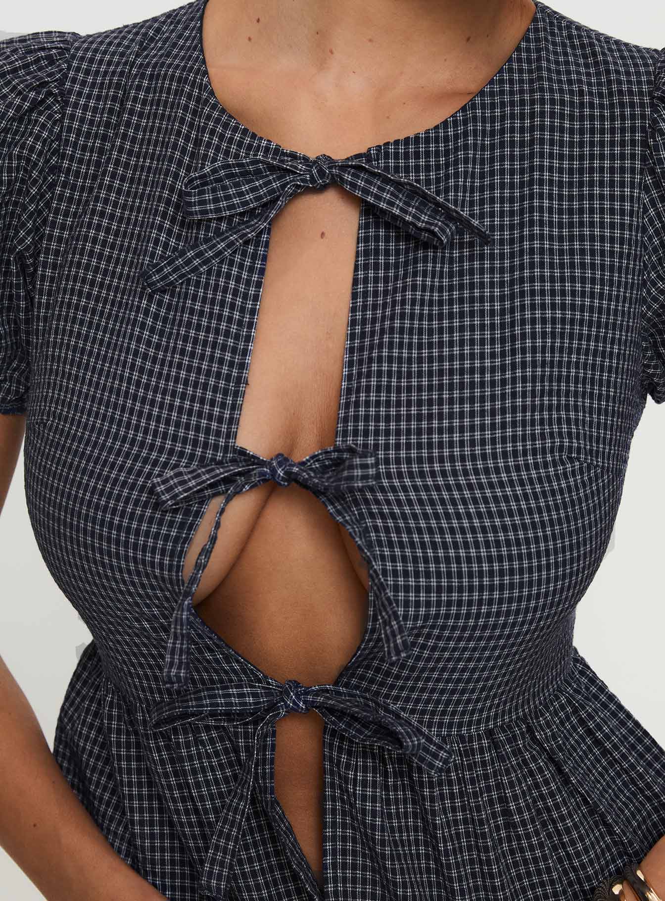 Verah Tie Up Puff Sleeve Top Navy Check