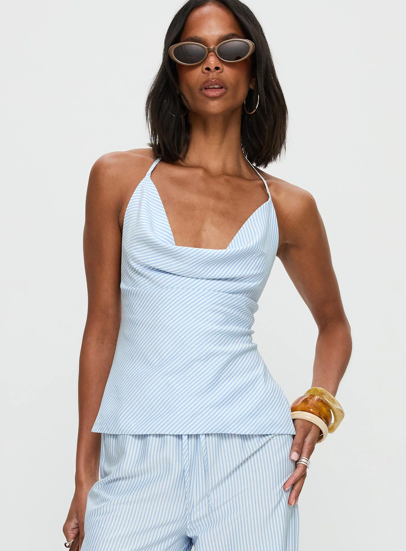 Summer Too Hot Cowl Neck Top Blue Stripe