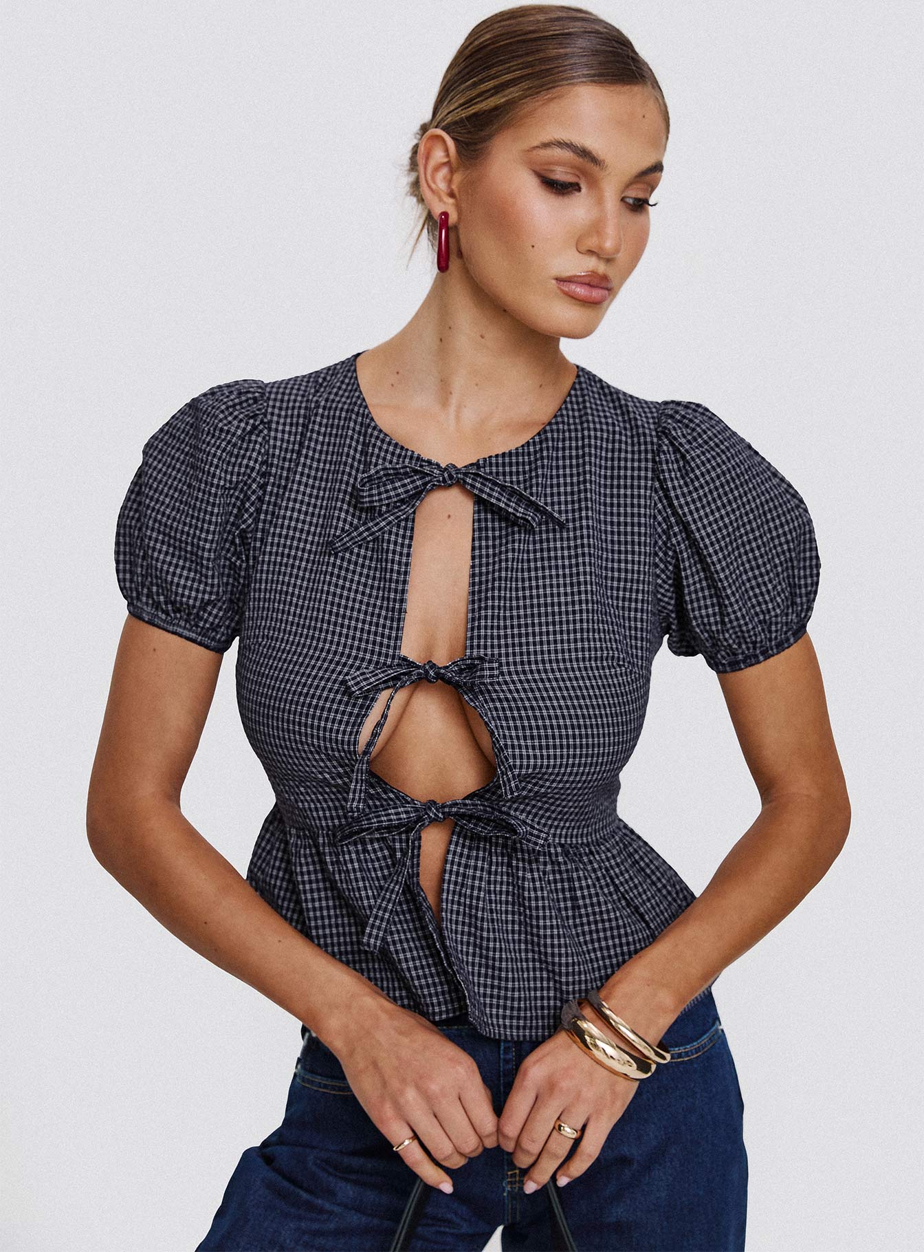 Verah Tie Up Puff Sleeve Top Navy Check