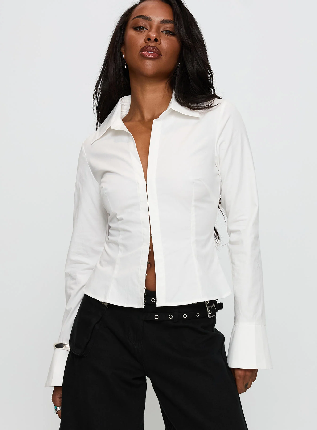 By The Phone Long Sleeve Collared Top White