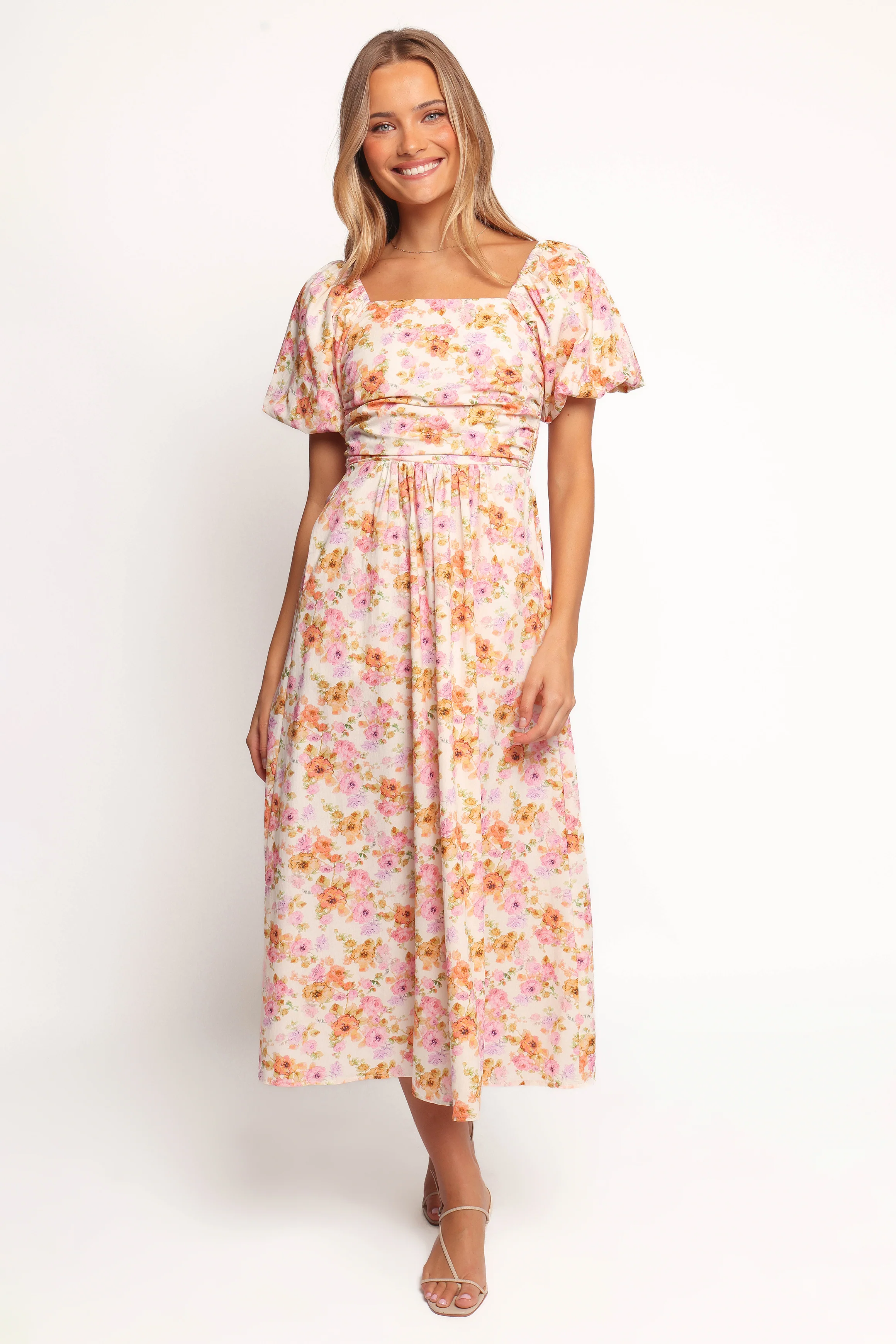 Clo Puff Sleeve Midi Dress - Peach Floral