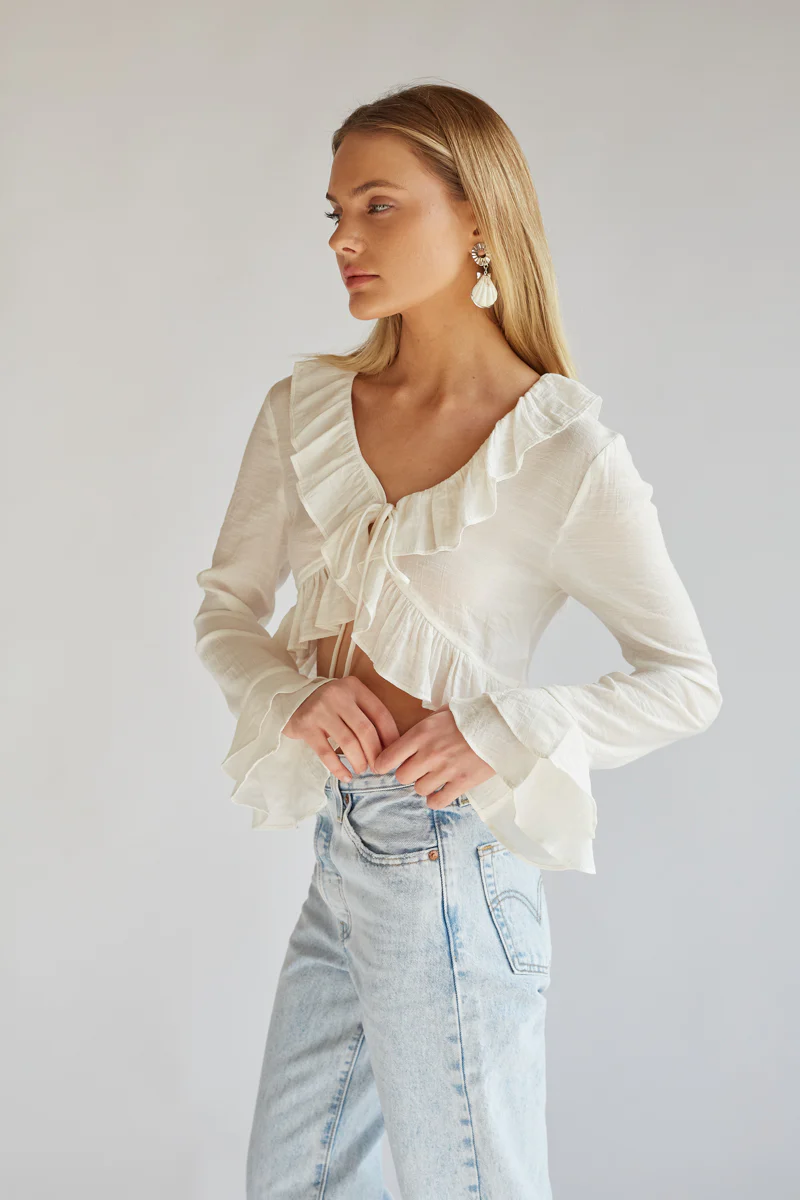 Lorraine Ruffled Long Sleeve Tie-Front Top