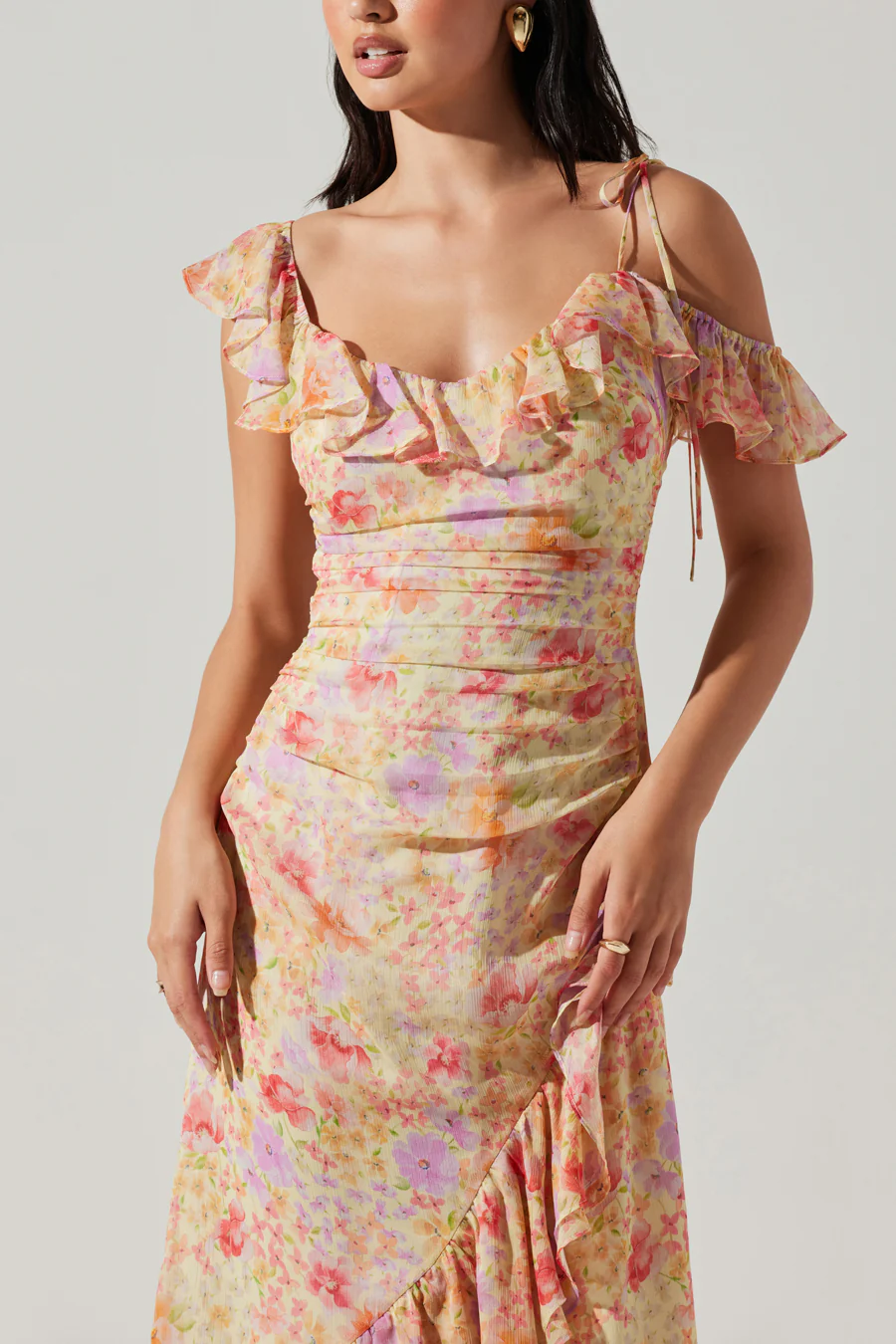 ASTR Luvita Floral Ruffle Chiffon Midi Dress