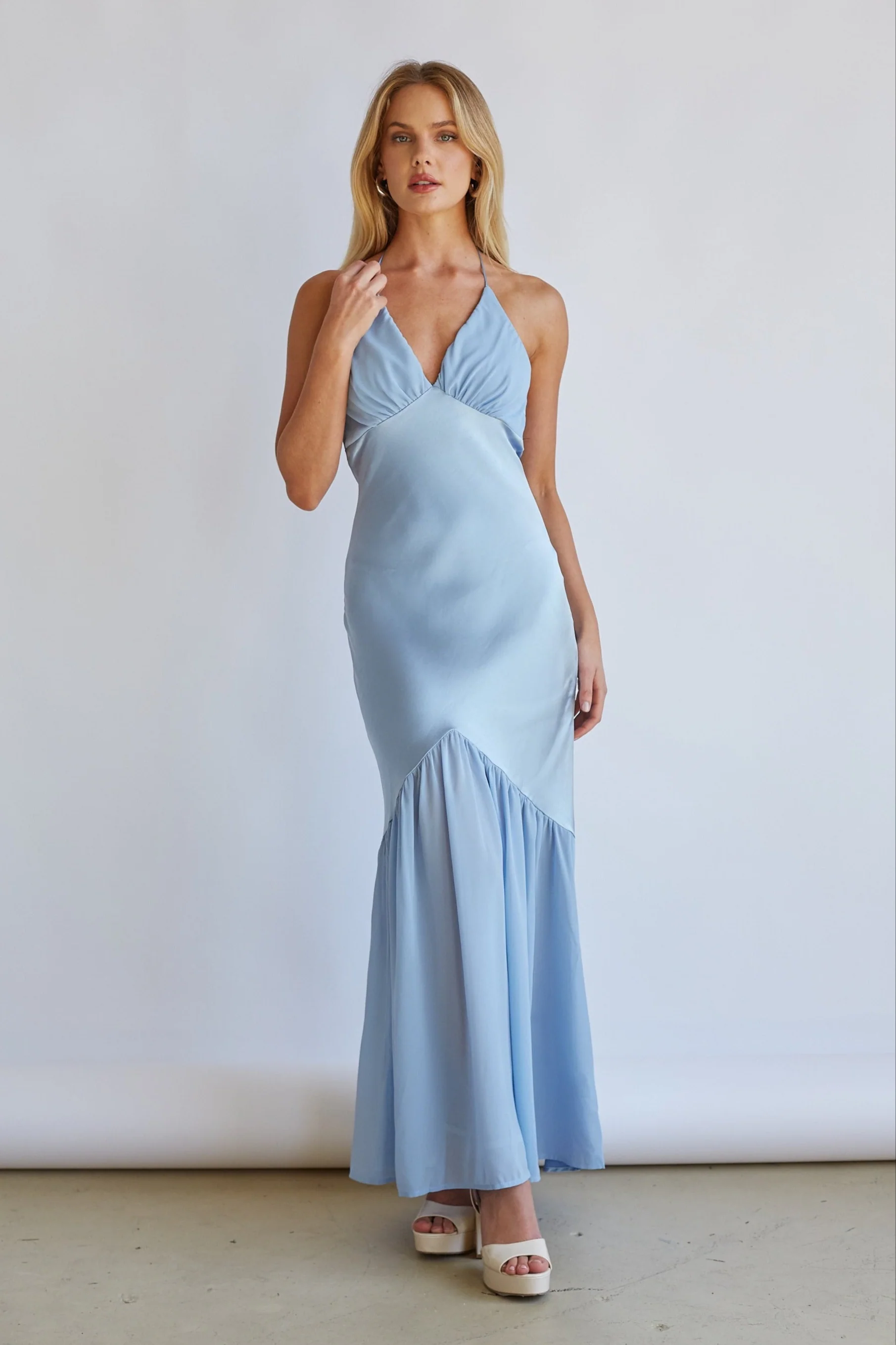 Lucinda Halter V-Neck Open Back Satin Midi Dress