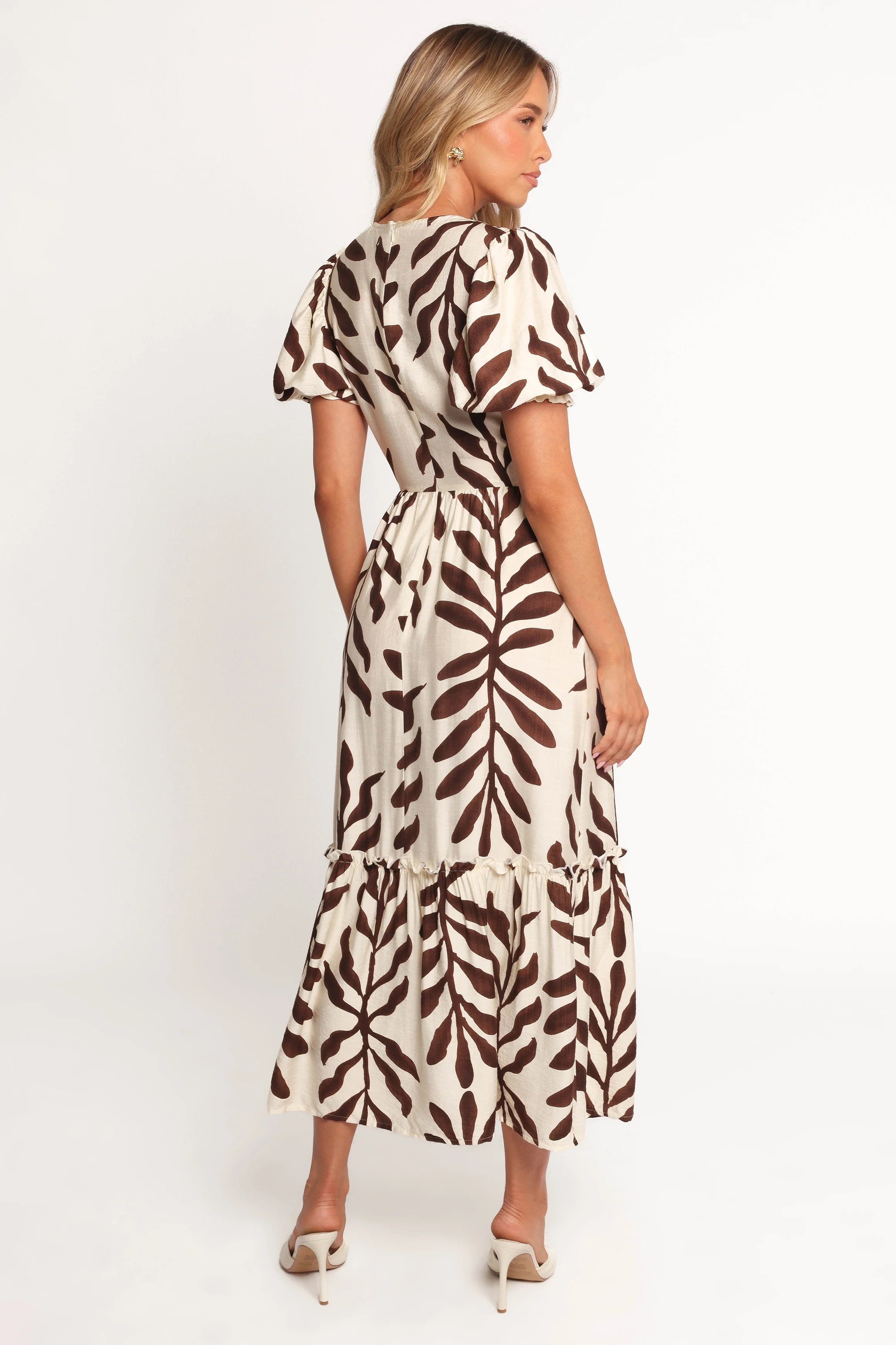 Steele Puff Sleeve Midi Dress - Brown Palm