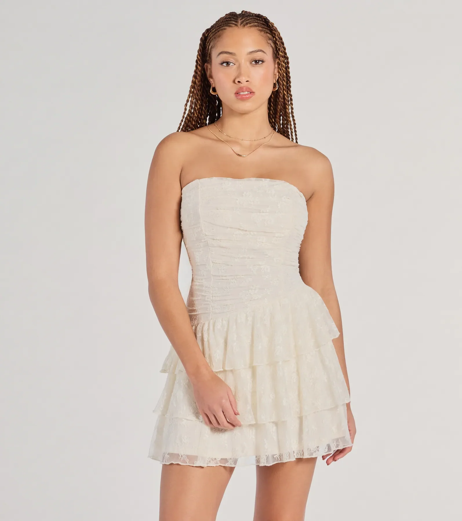 Lovely Nights Strapless Lace Ruffle Skater Dress