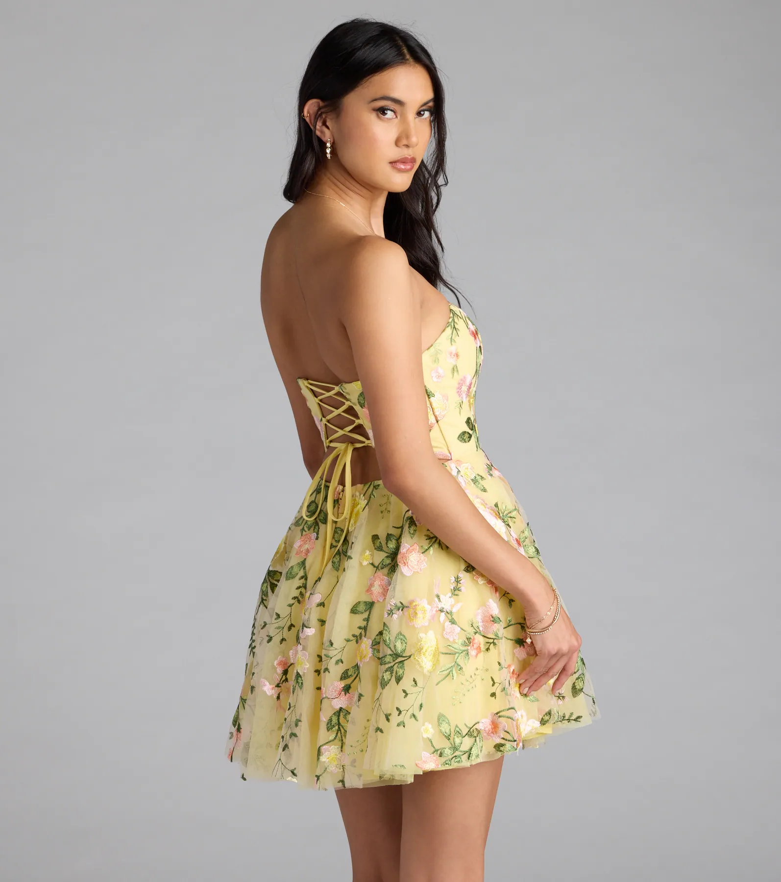 Emilliana Lace-Up Floral Embroidered Skater Dress