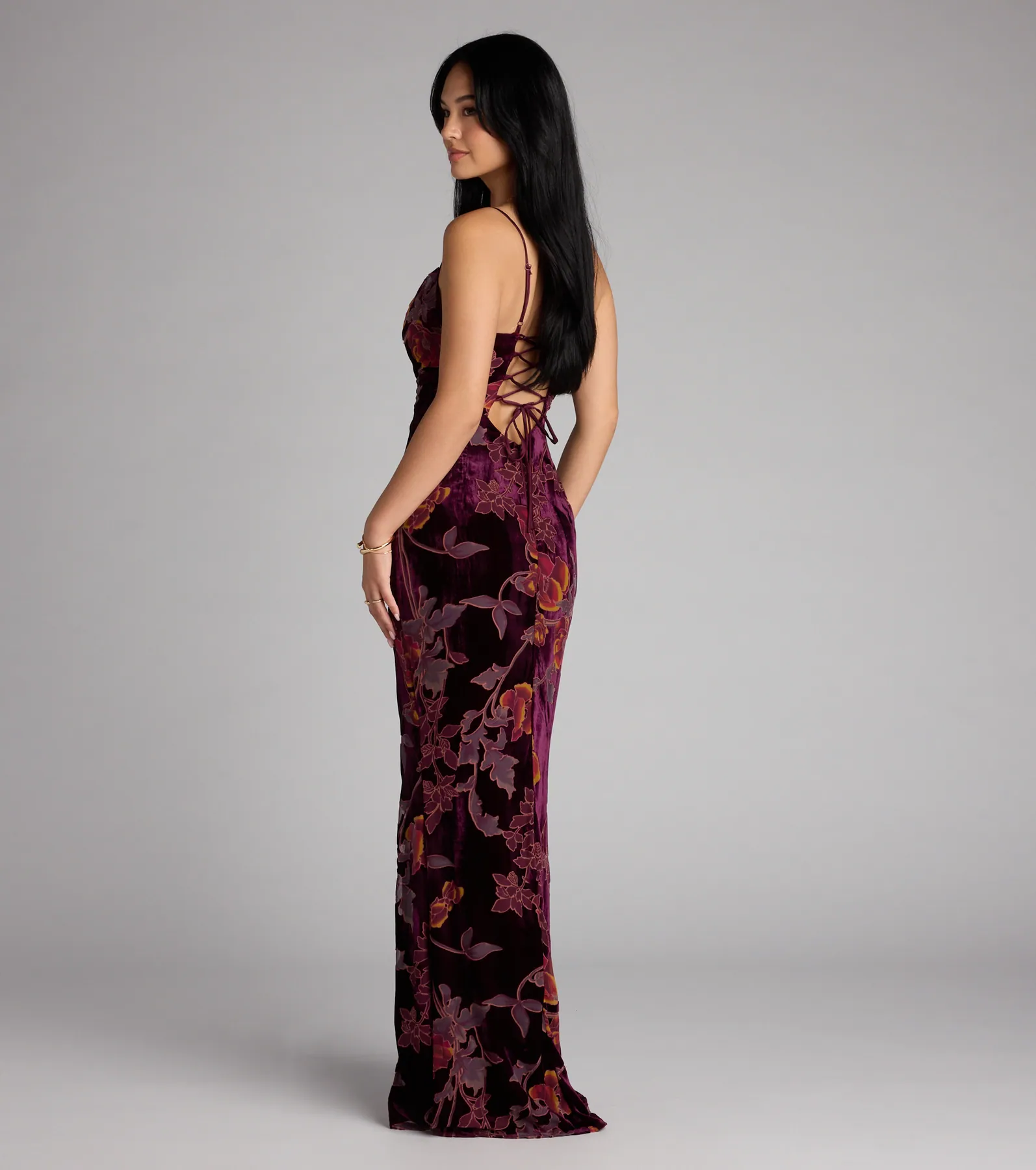 Melanie Floral Velvet Lace-Up Formal Dress