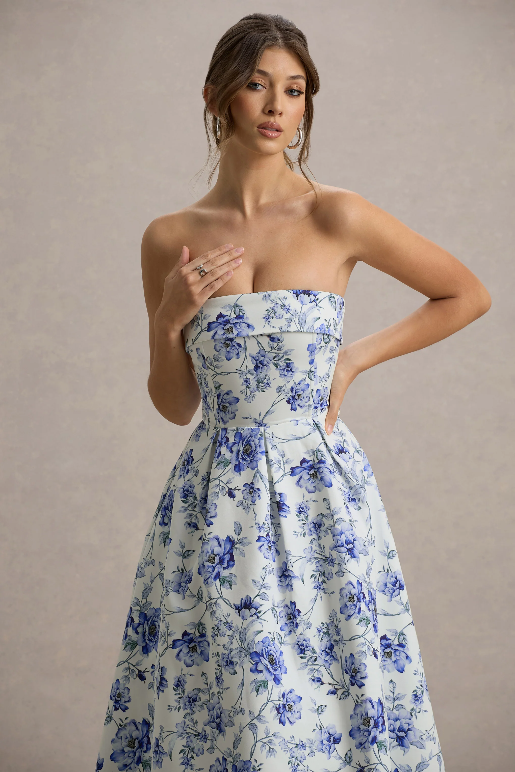 Annalise | Blue Porcelain Print Bandeau Skater Midi Dress