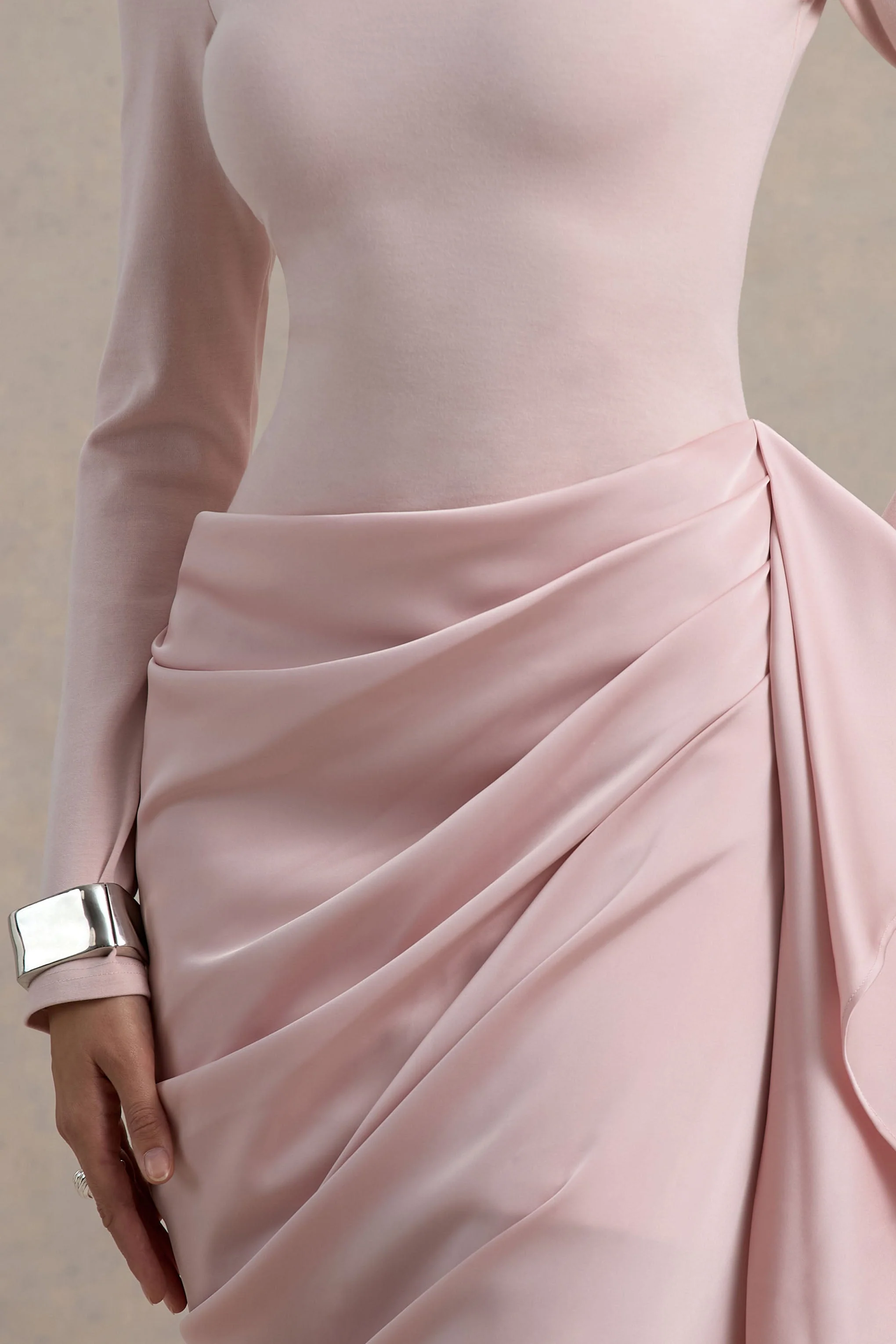 Raffie | Pink Long-Sleeve Midi Dress With Satin Wrap Skirt