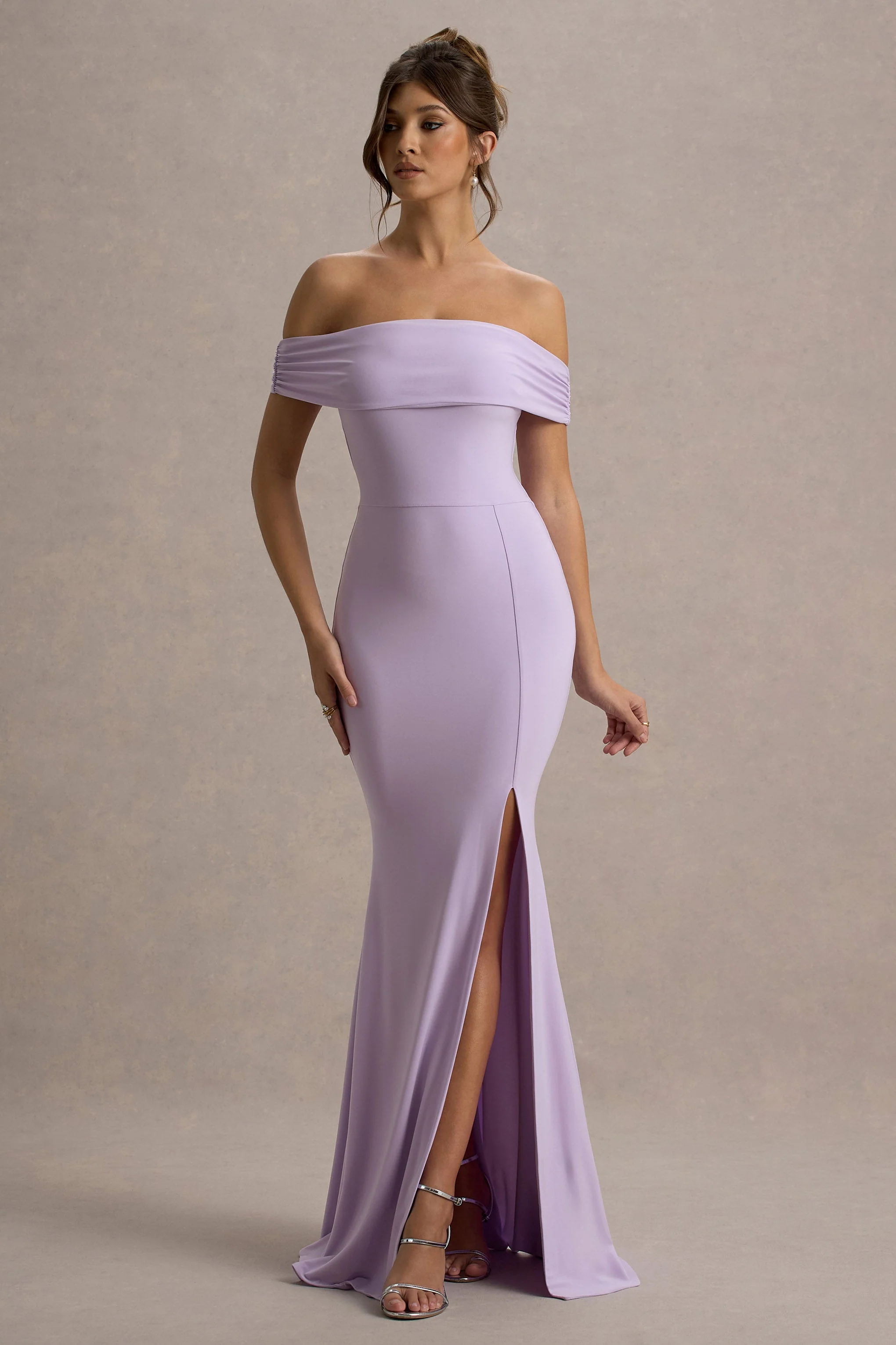 Law of Attraction | Lilac Bardot Draped Split Maxi Dress