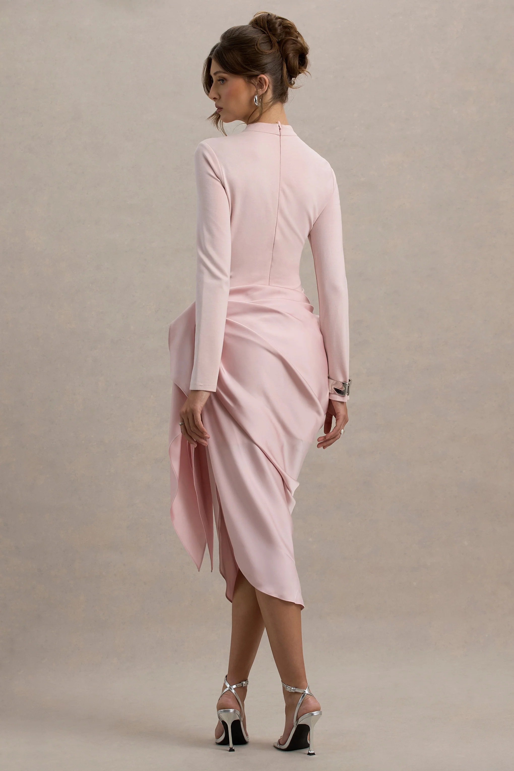 Raffie | Pink Long-Sleeve Midi Dress With Satin Wrap Skirt