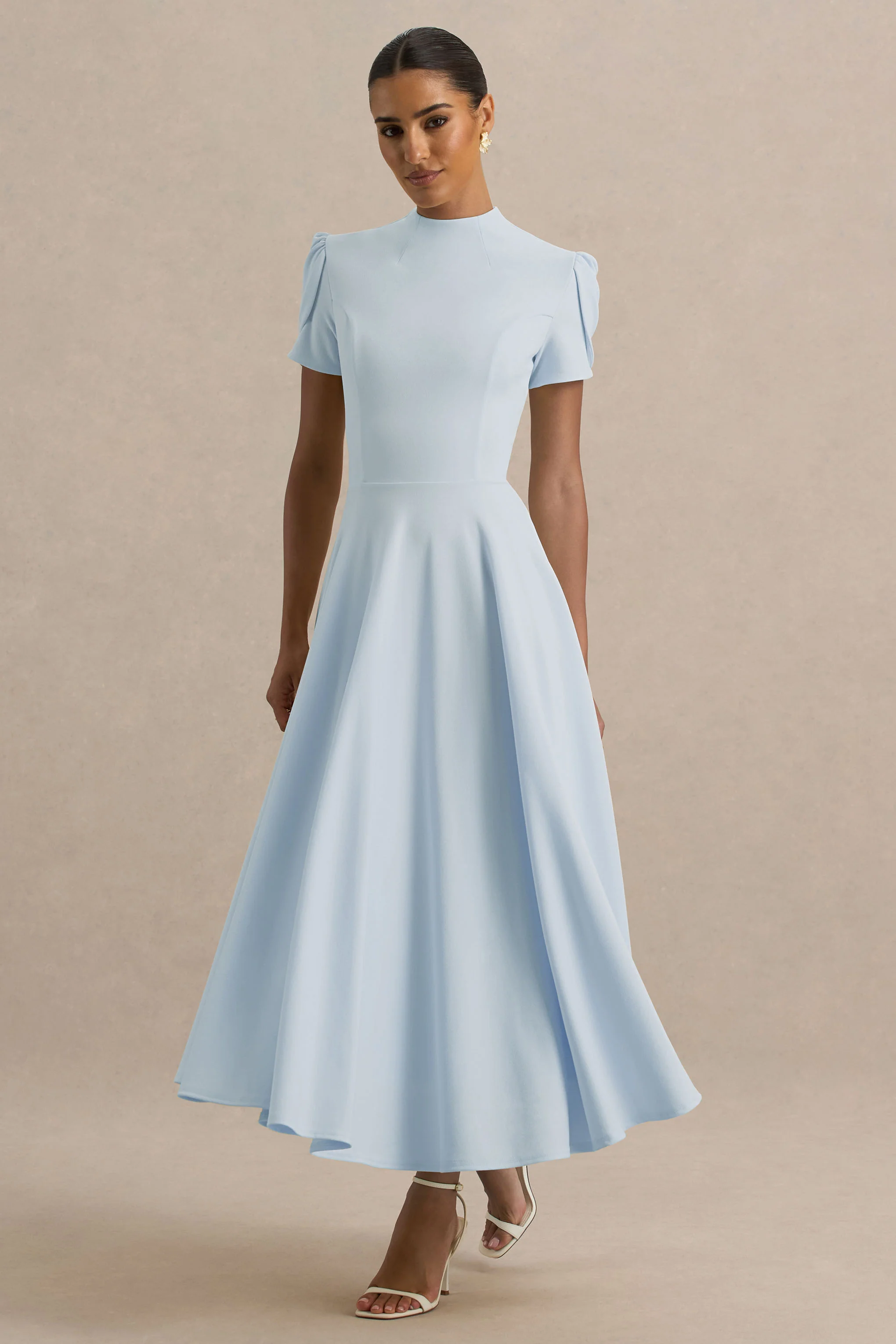 Vicky | Powder Blue High Neck Midi Dress With Puff Sleeves