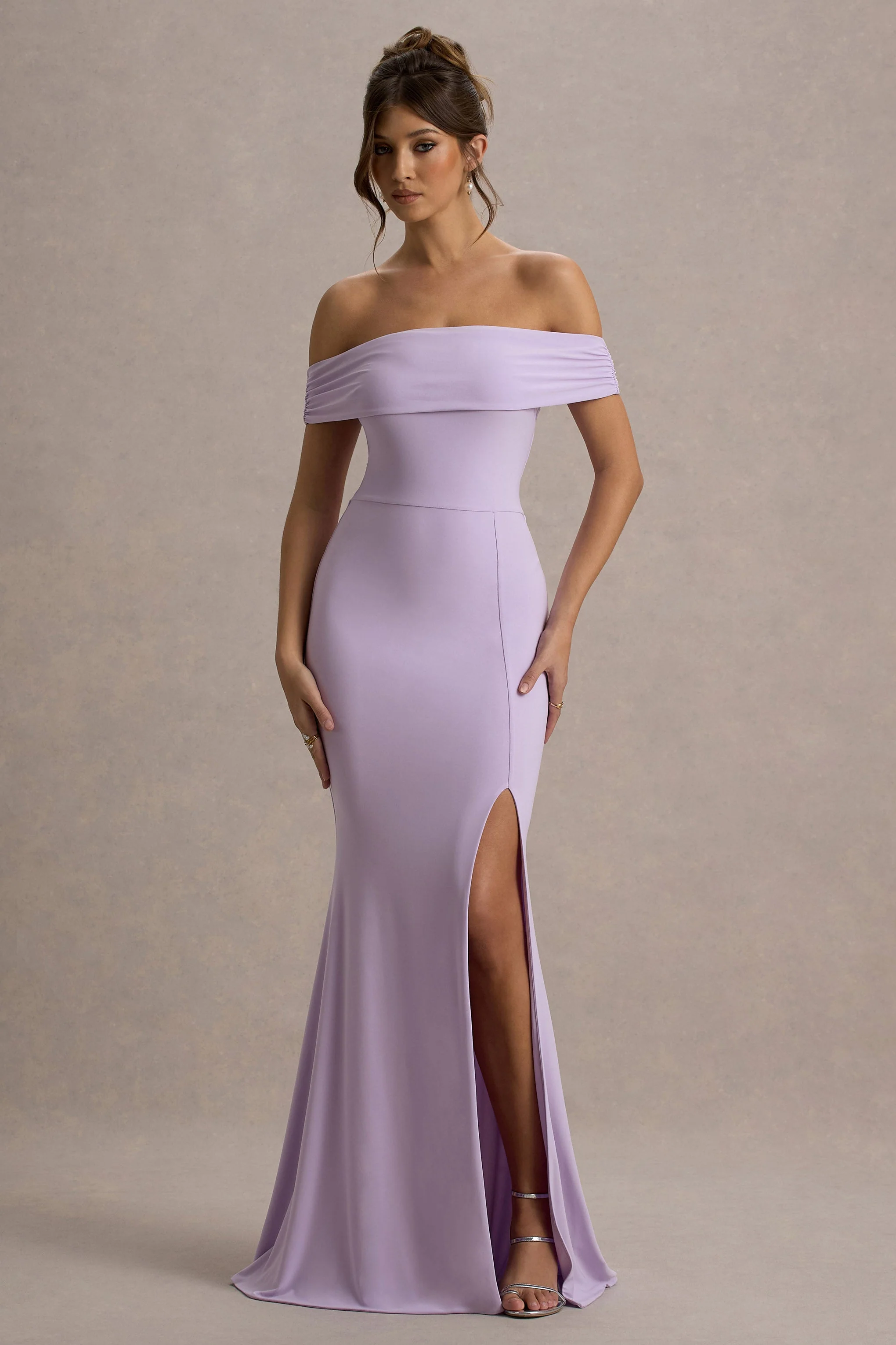 Law of Attraction | Lilac Bardot Draped Split Maxi Dress