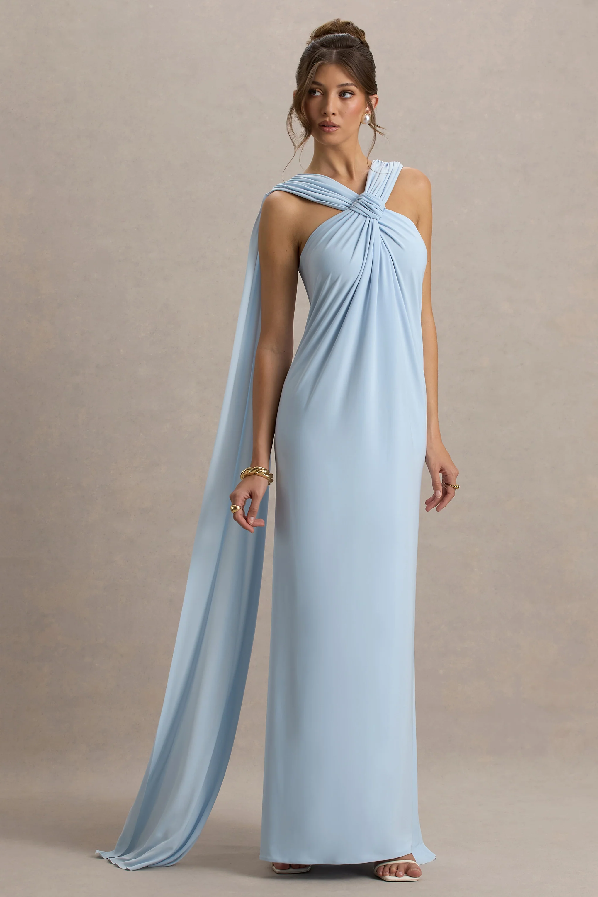 Ariana | Powder Blue Cross-Neck Maxi Dress With Cape