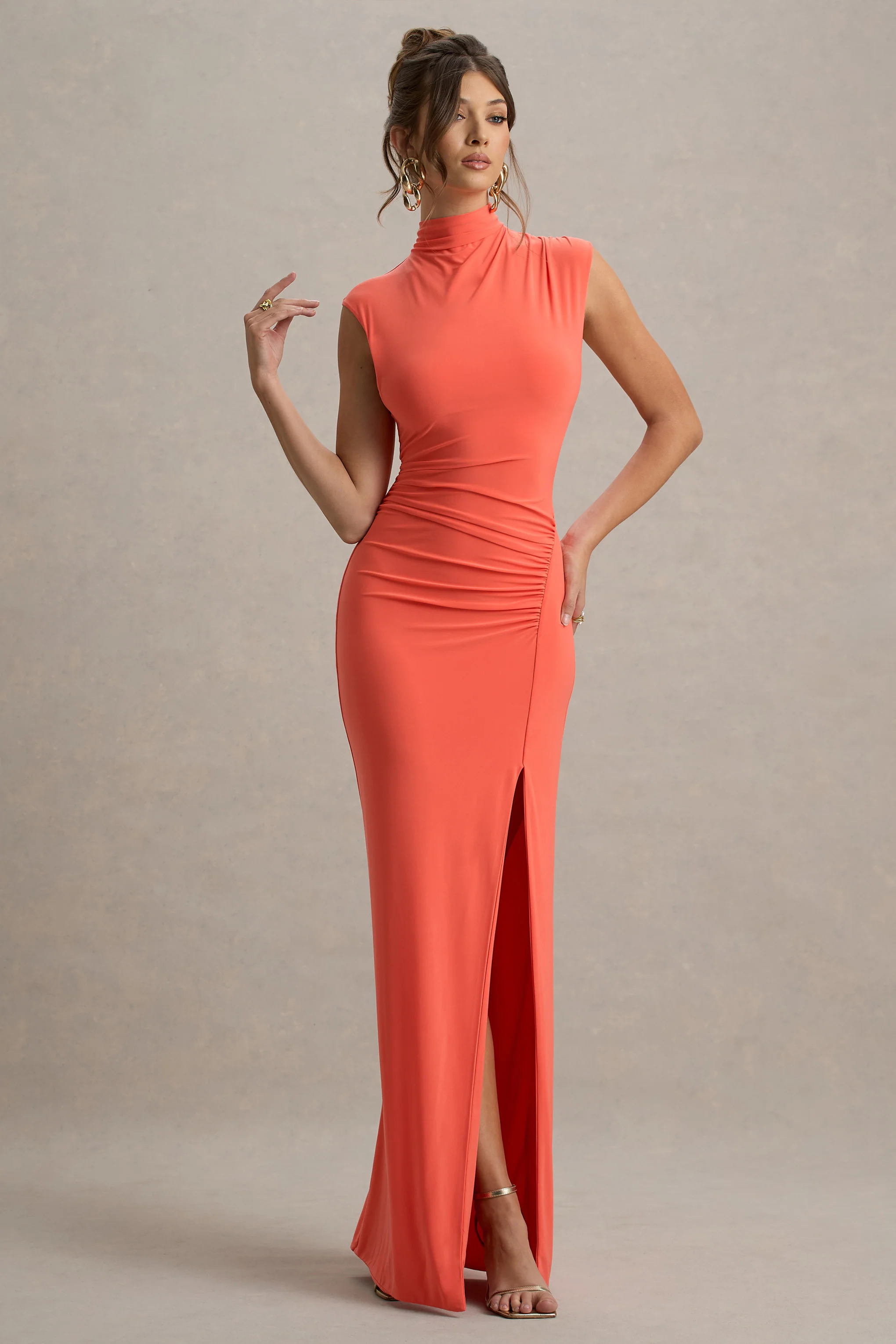 Lanetta | Coral Ruched High-Neck Maxi Dress With Split