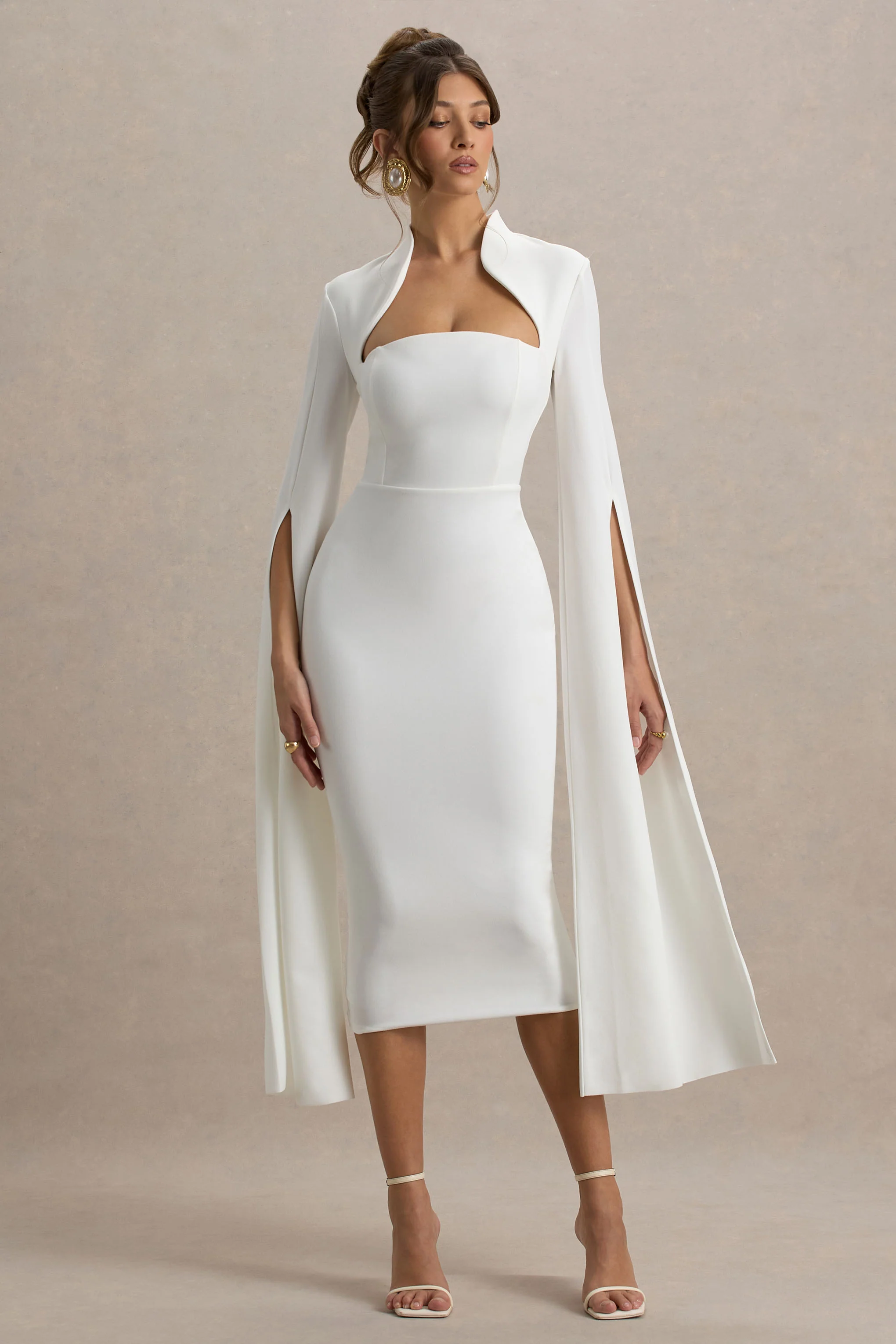 Linden | White Bodycon Cape-Sleeve Midi Dress