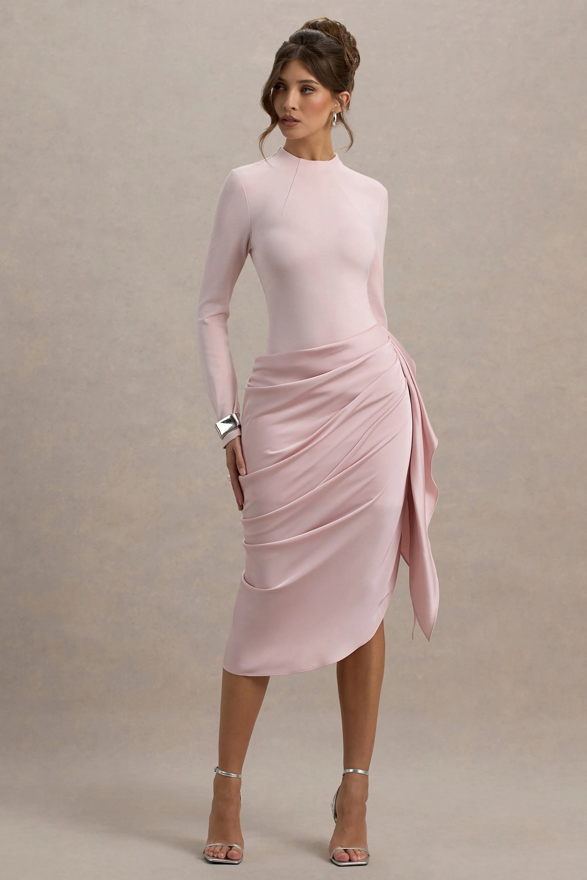Raffie | Pink Long-Sleeve Midi Dress With Satin Wrap Skirt