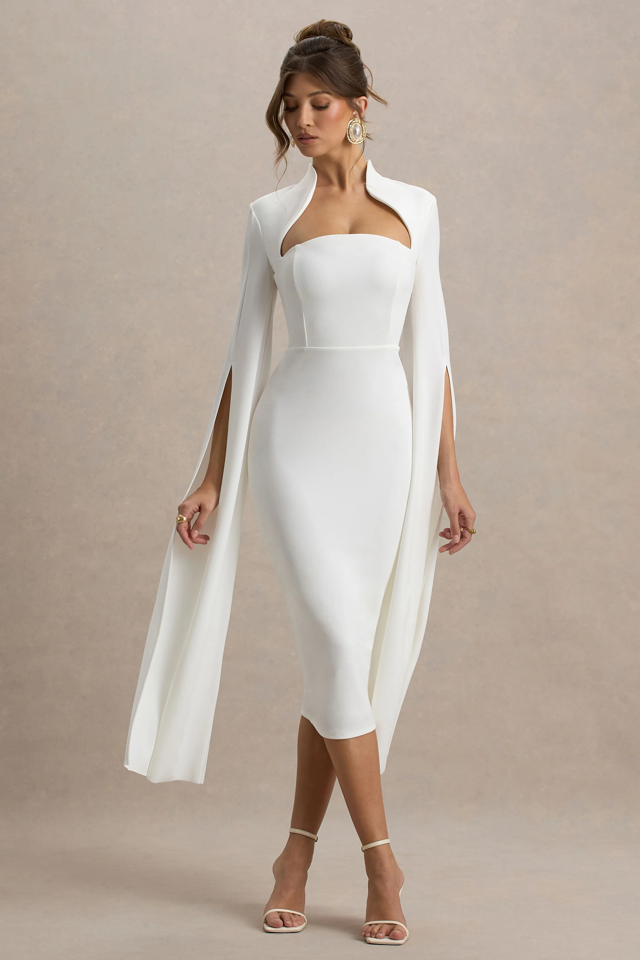 Linden | White Bodycon Cape-Sleeve Midi Dress