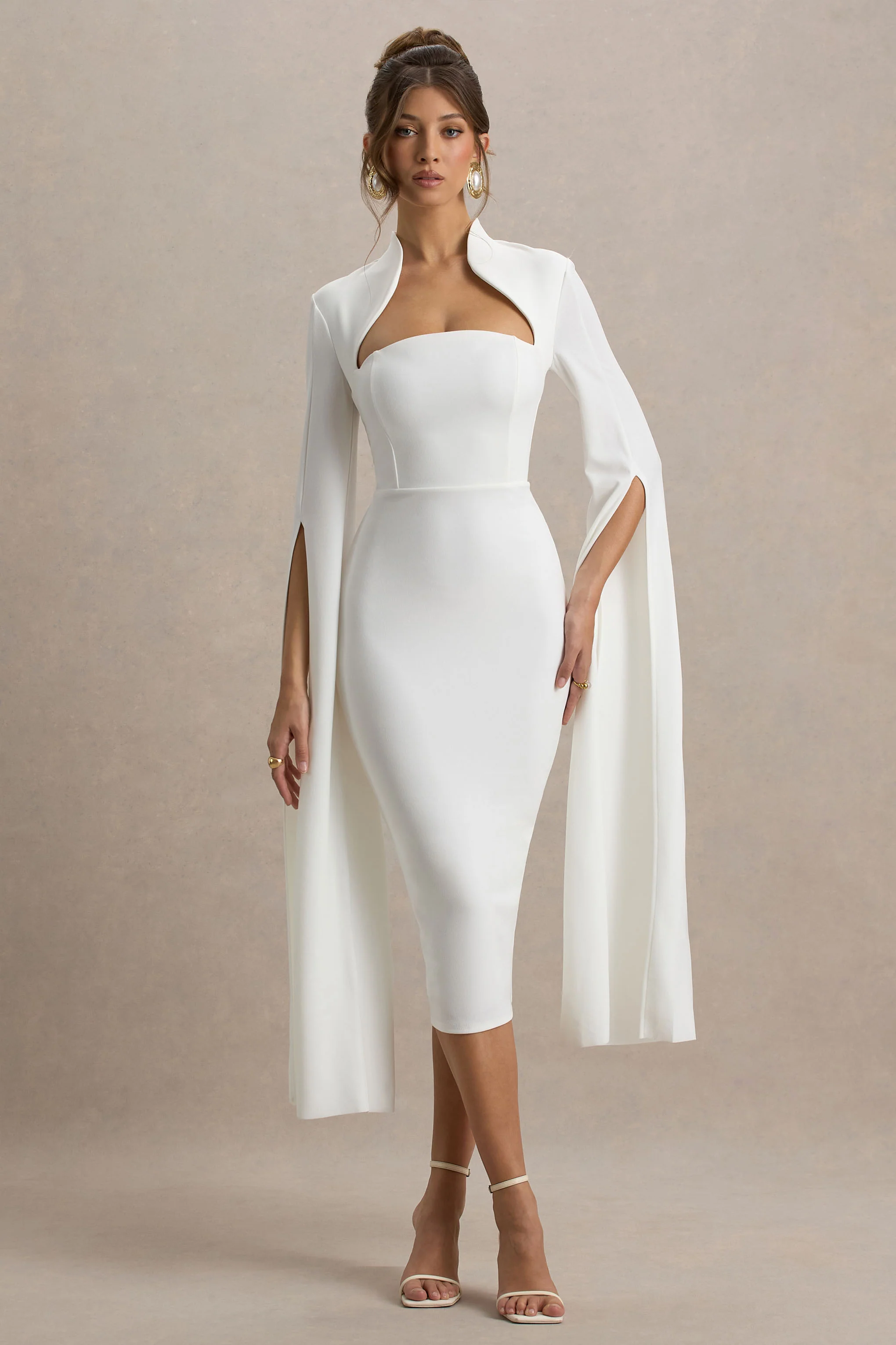 Linden | White Bodycon Cape-Sleeve Midi Dress