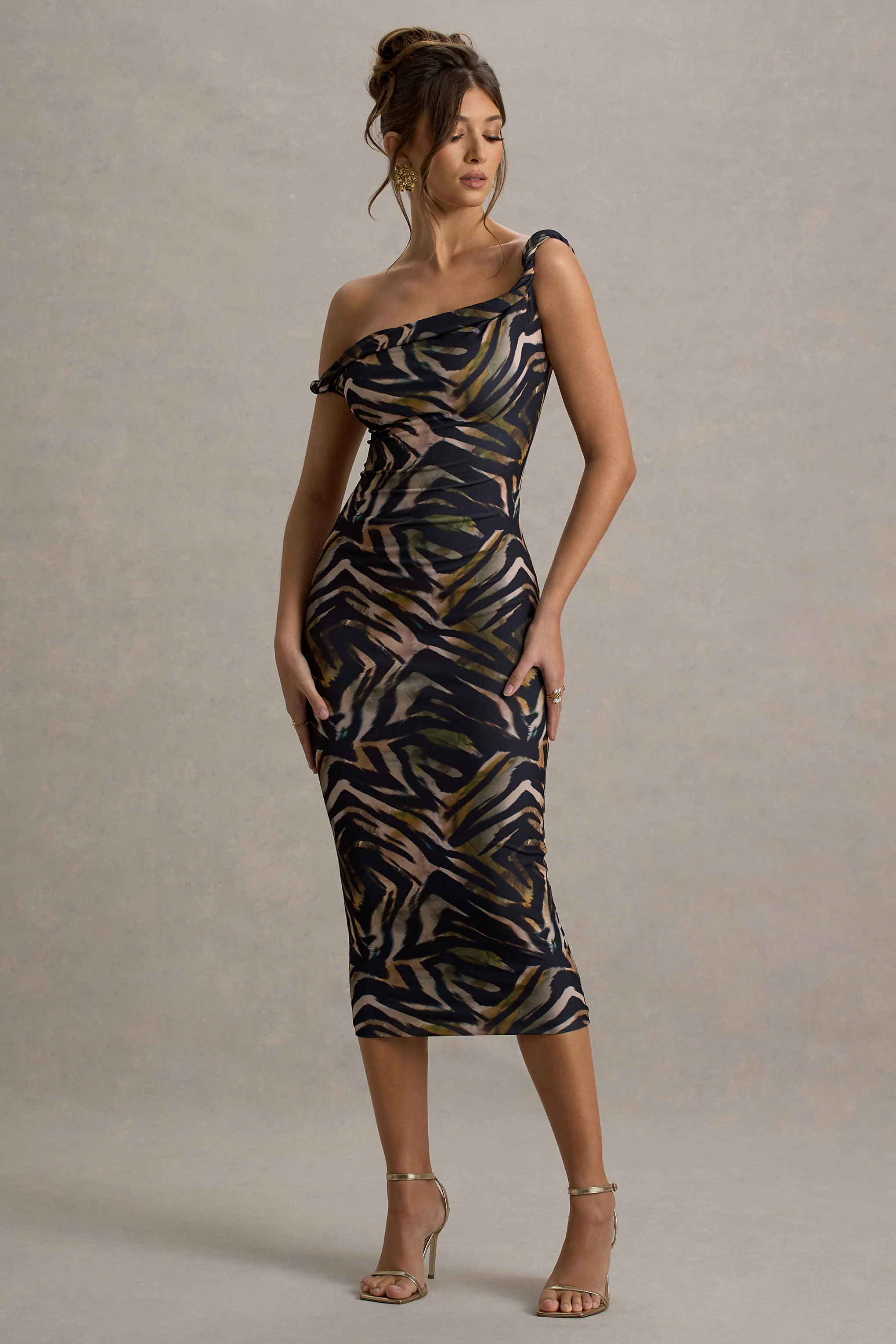 Nora | Zebra Print Twisted Asymmetric Midi Dress