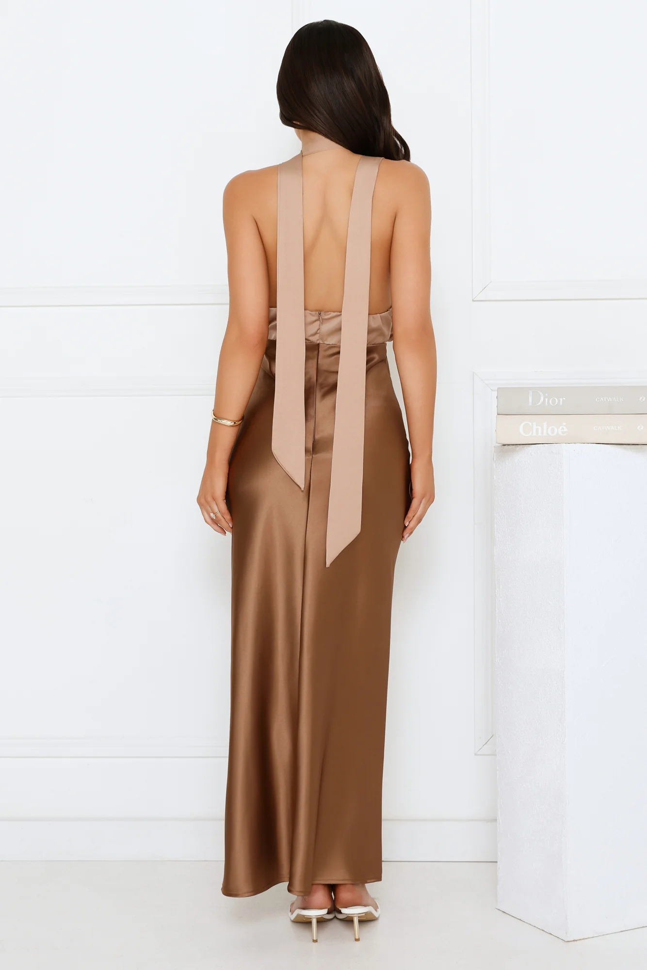 Gilded Grace Satin Maxi Dress Brown