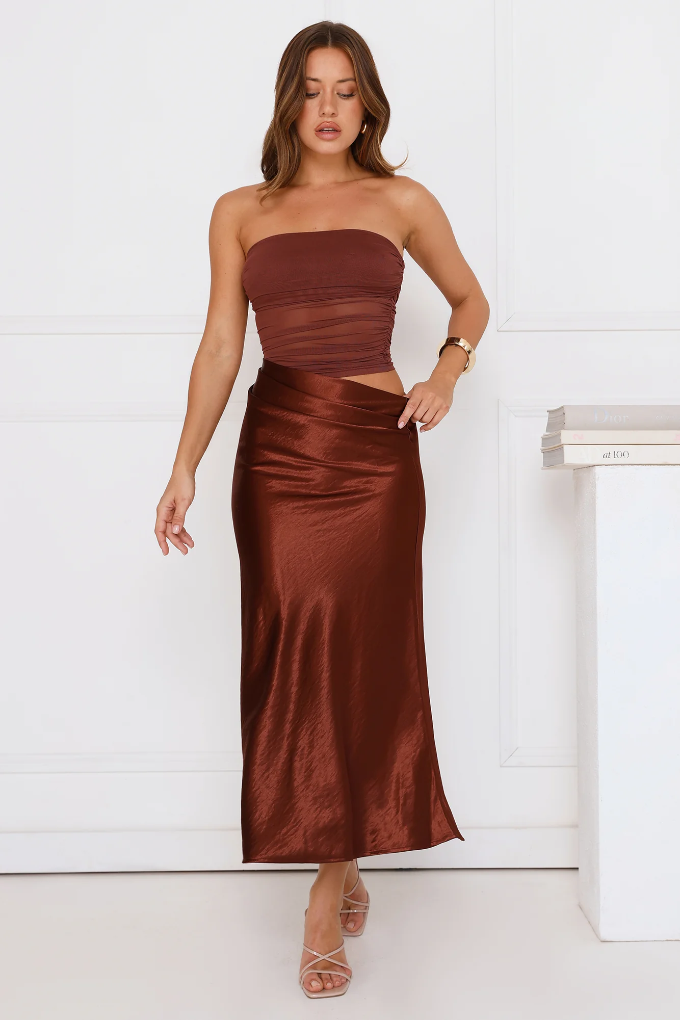 Luxe Attitude Satin Mesh Strapless Maxi Dress Pink