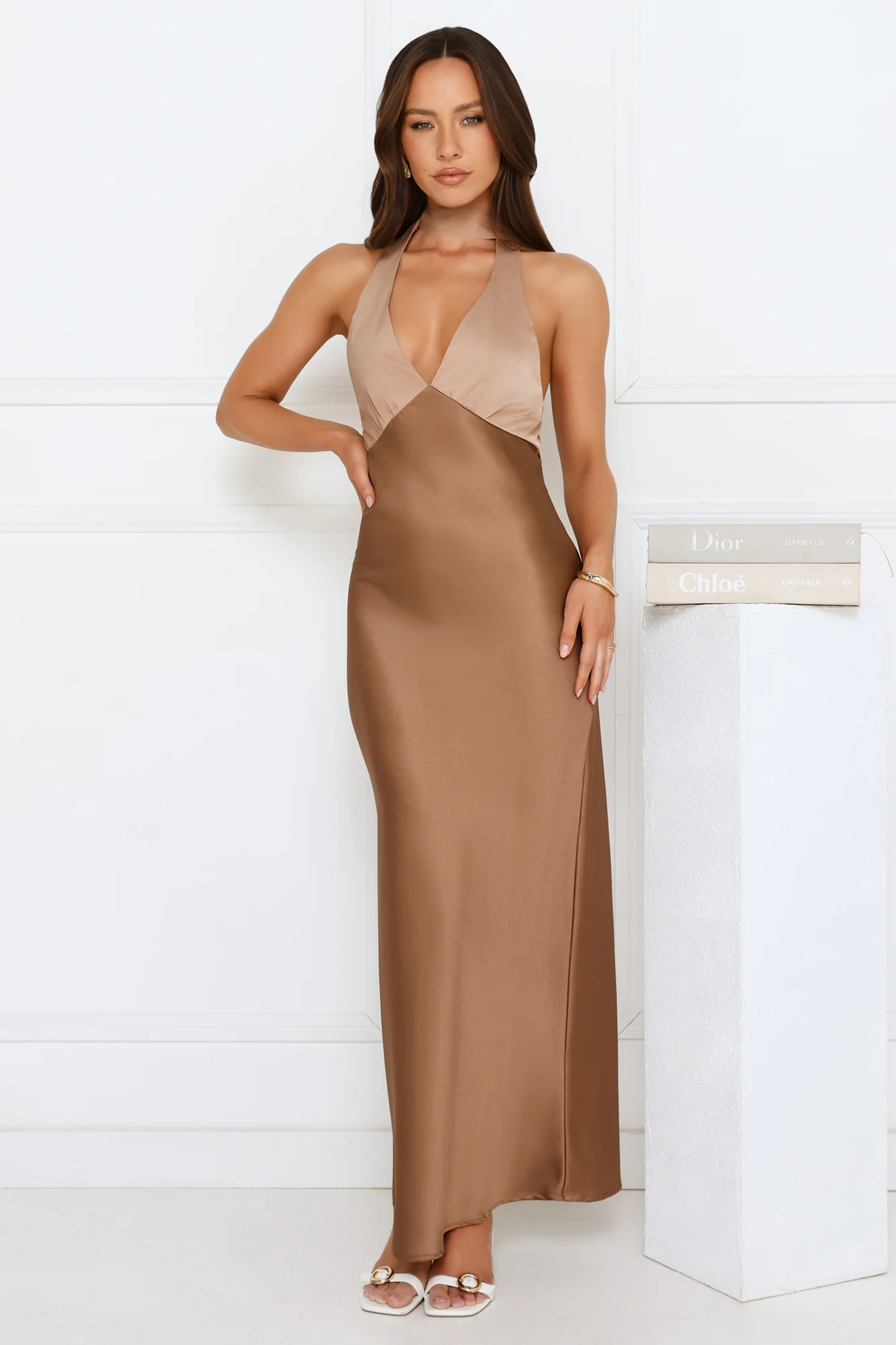 Gilded Grace Satin Maxi Dress Brown
