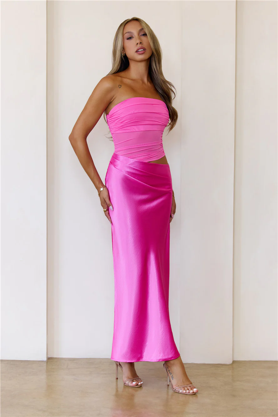 Luxe Attitude Satin Mesh Strapless Maxi Dress Pink