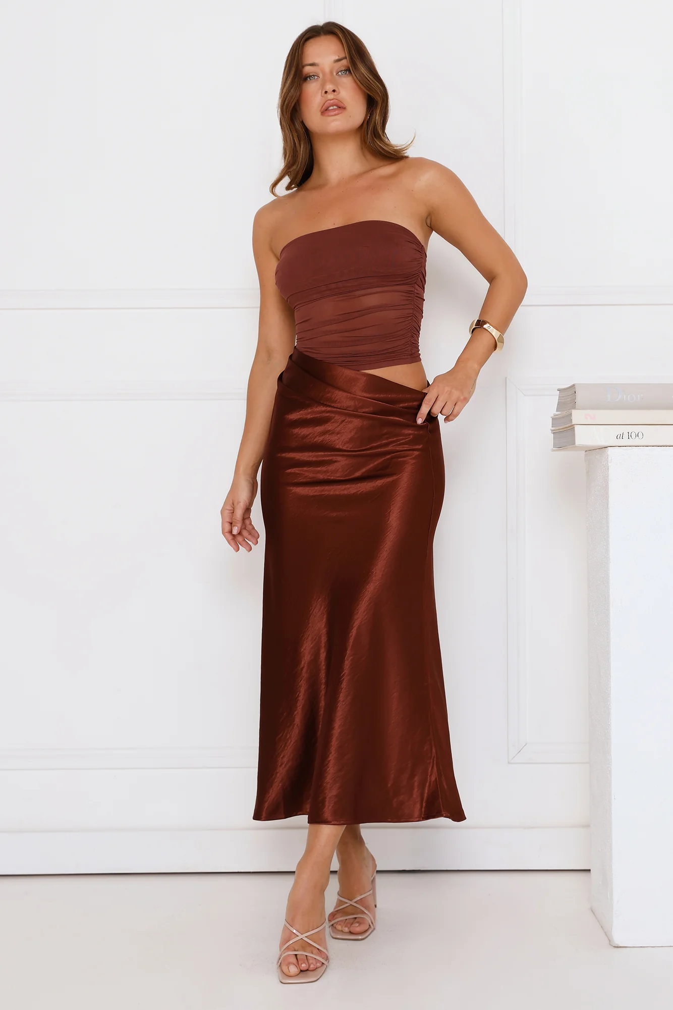 Luxe Attitude Satin Mesh Strapless Maxi Dress Pink