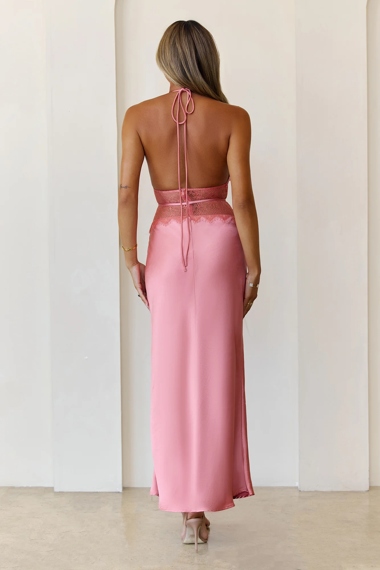 Ibiza Twilight Satin Lace Maxi Dress Rose