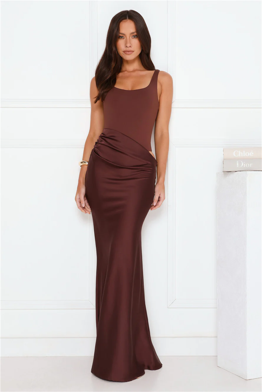 Effortlessly Yours Satin Maxi Dress Chocolate