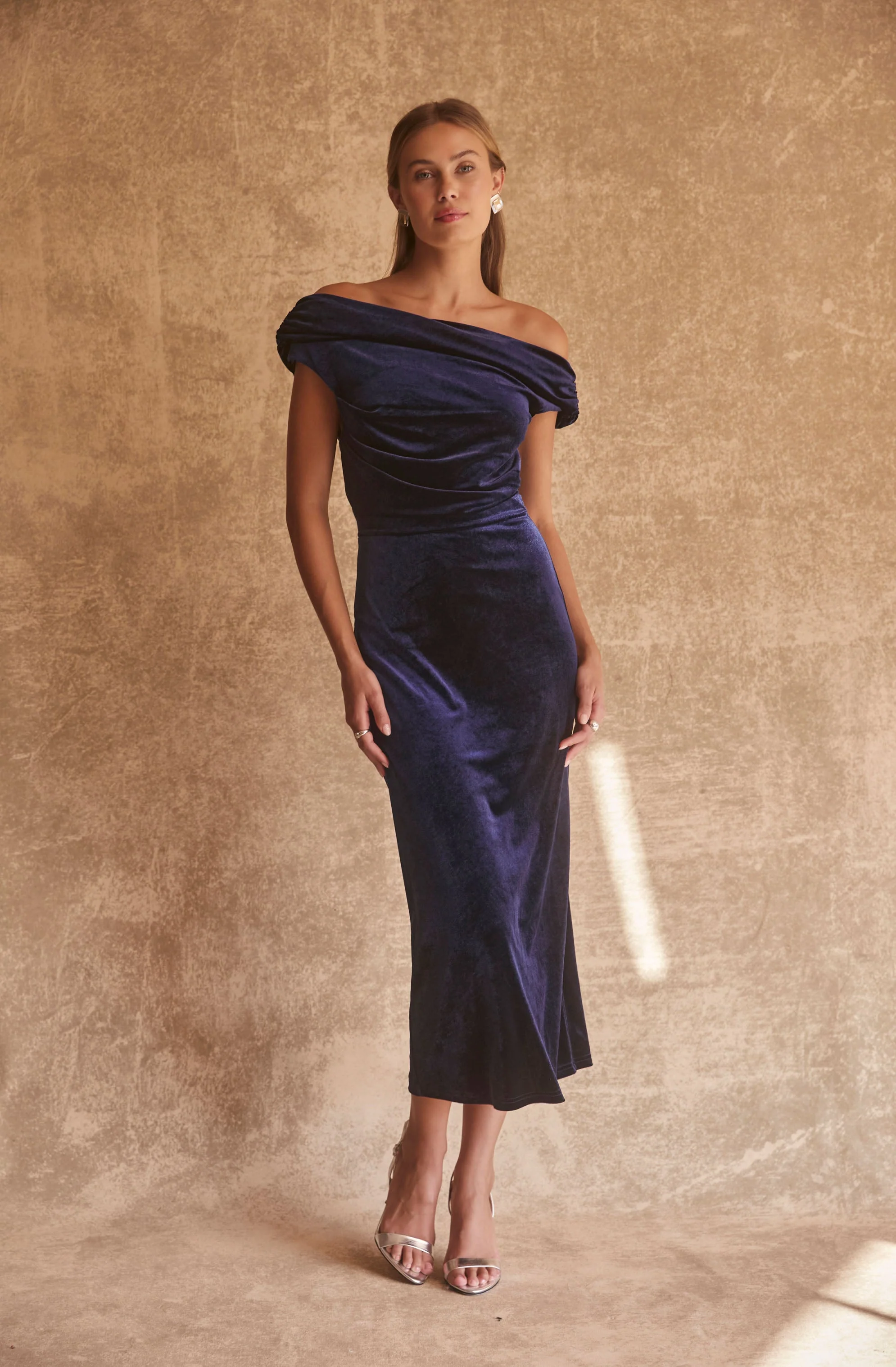 Velvet Off Shoulder Midi Dress