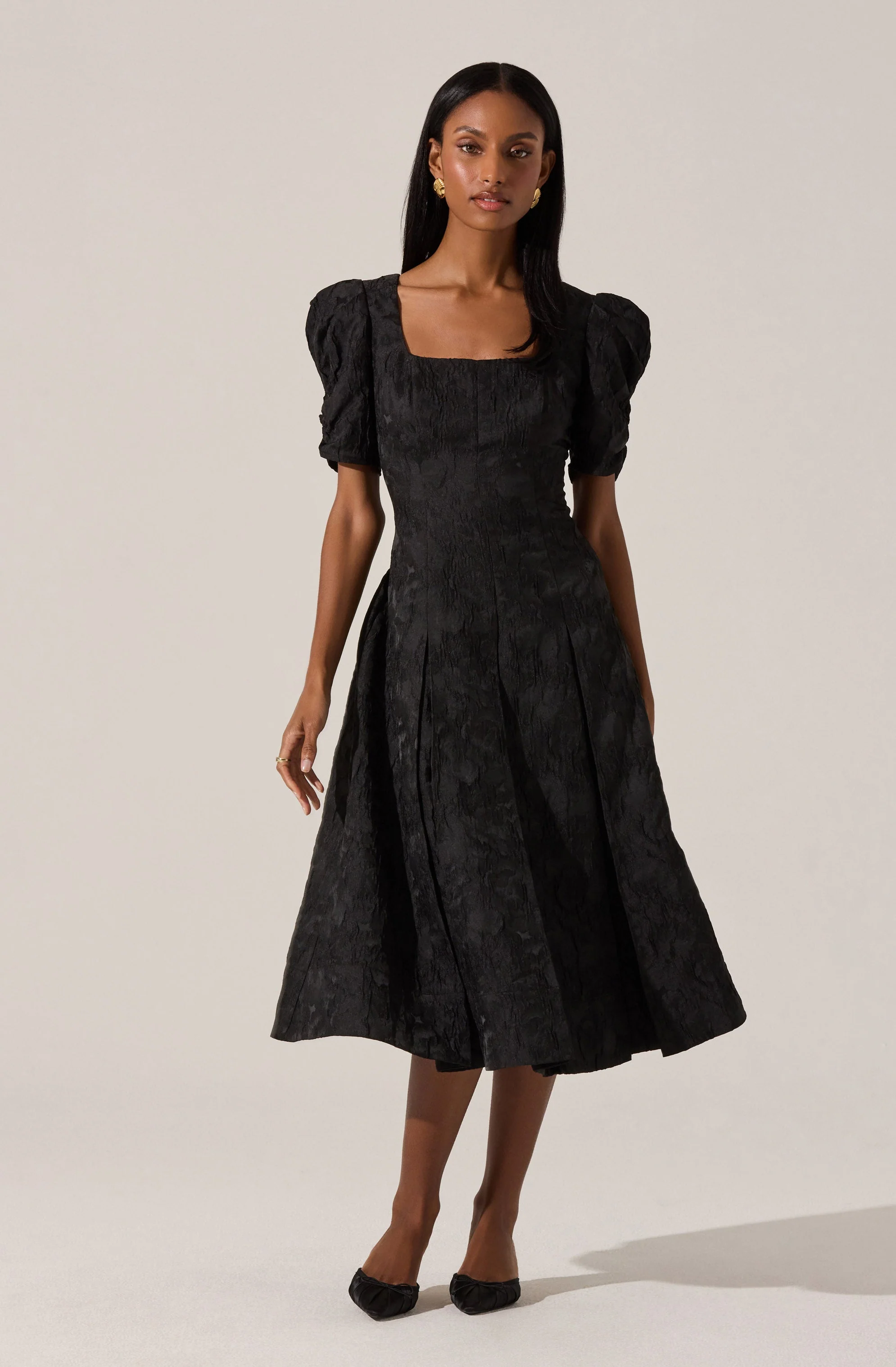 Mosella Jacquard Puff Sleeve Midi Dress
