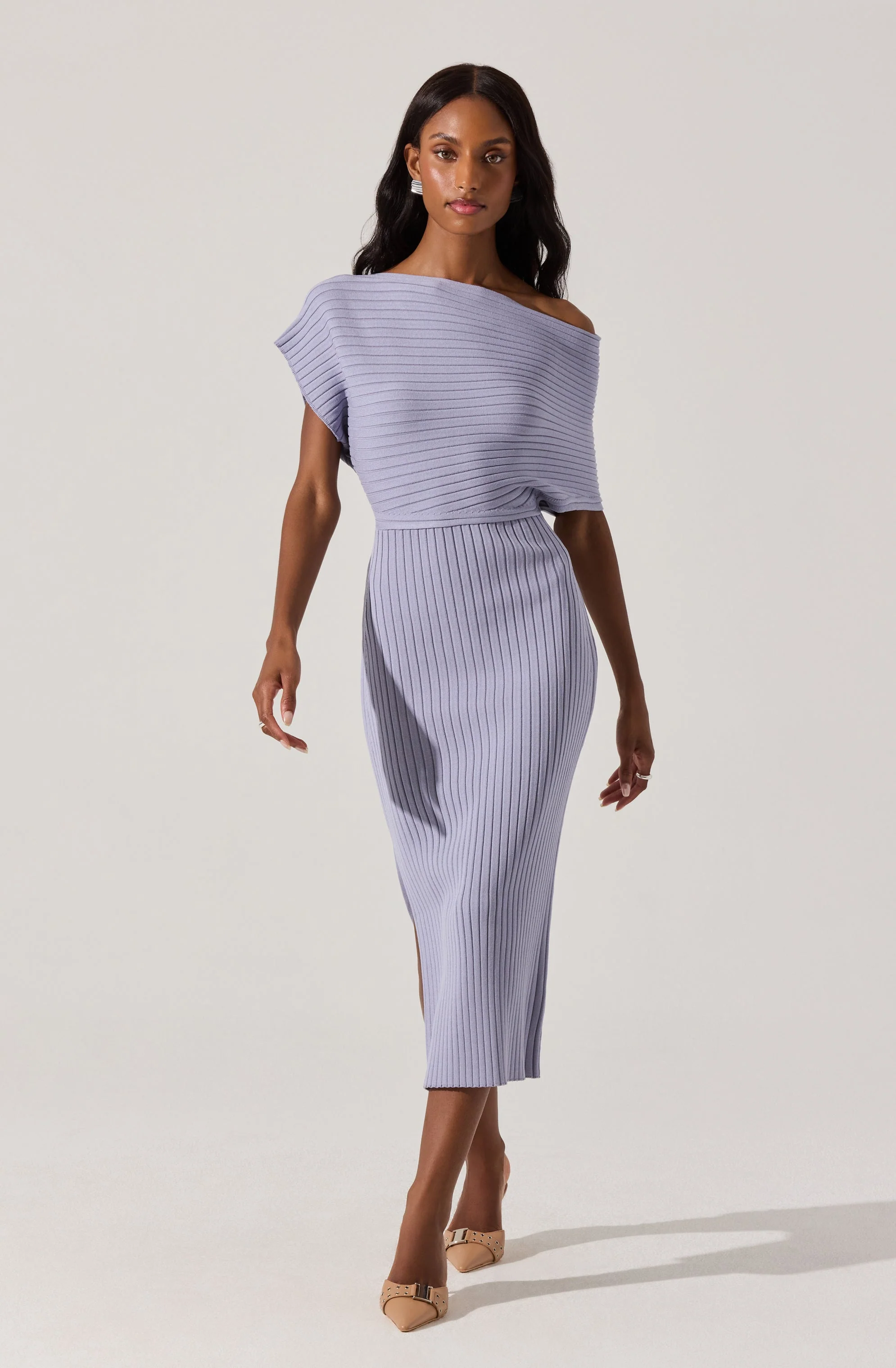 Off Shoulder Ribbed Sweater Dress