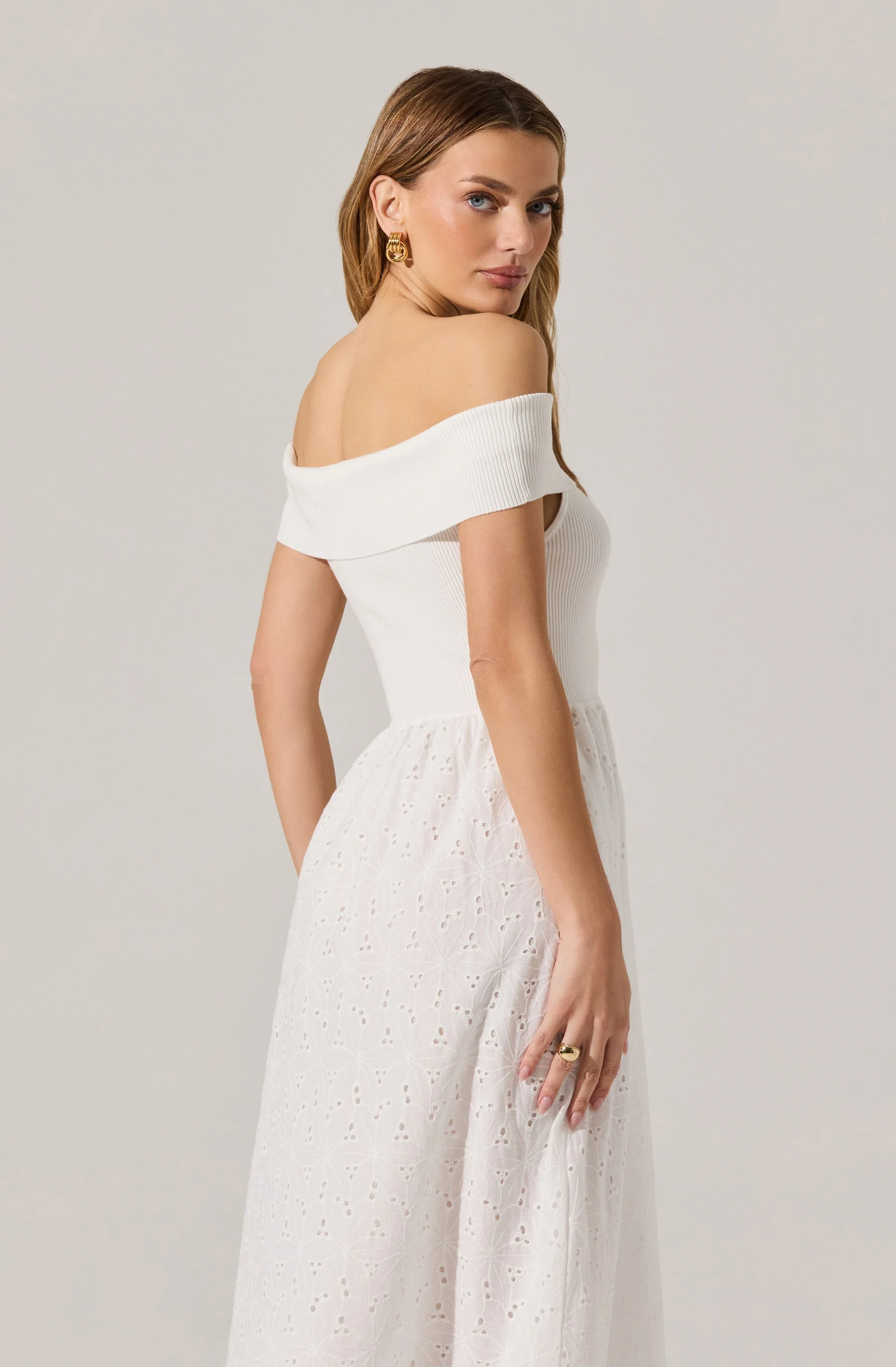 Off Shoulder Eyelet Midi Dress