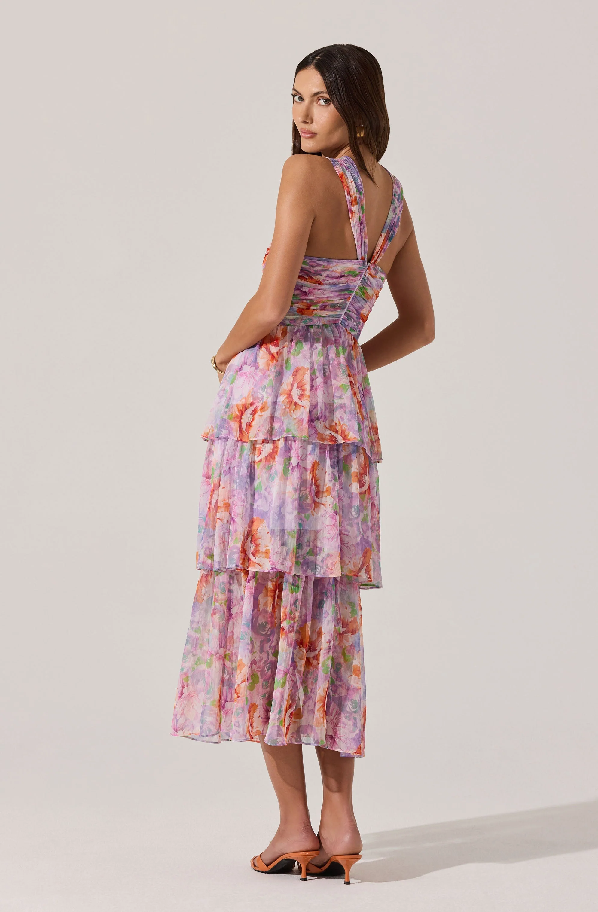 Tiered Floral Cutout Midi Dress