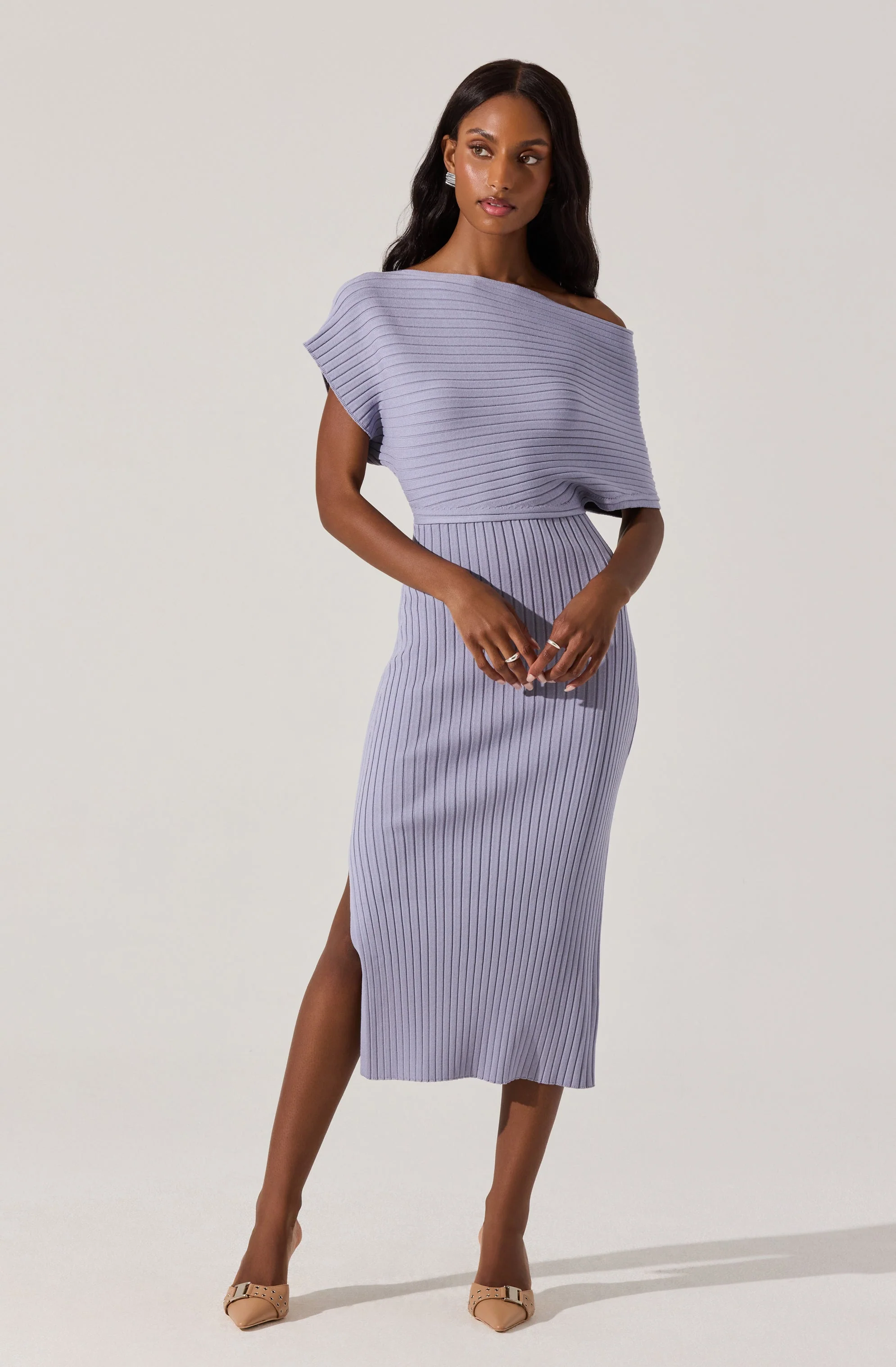 Off Shoulder Ribbed Sweater Dress