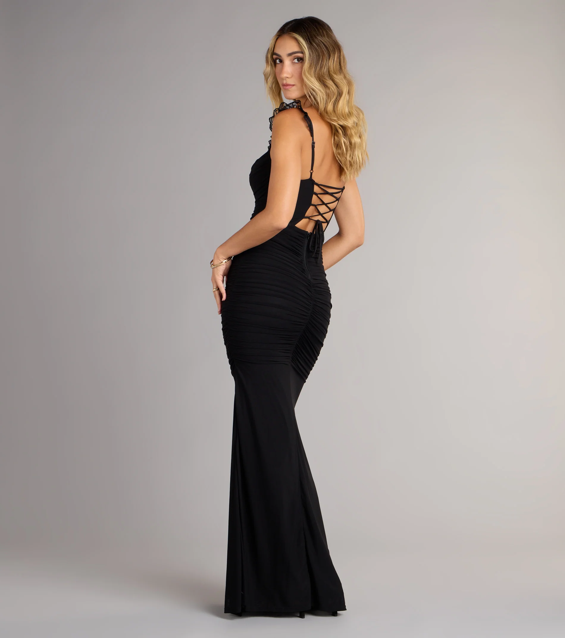 Morgana Lace-Up Ruched Mermaid Dress