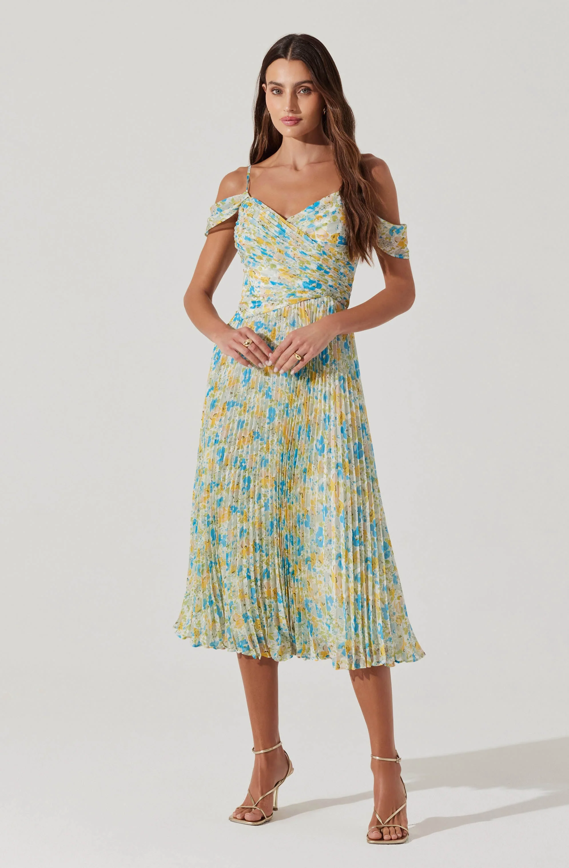 Pleated Cold Shoulder Midi Dress