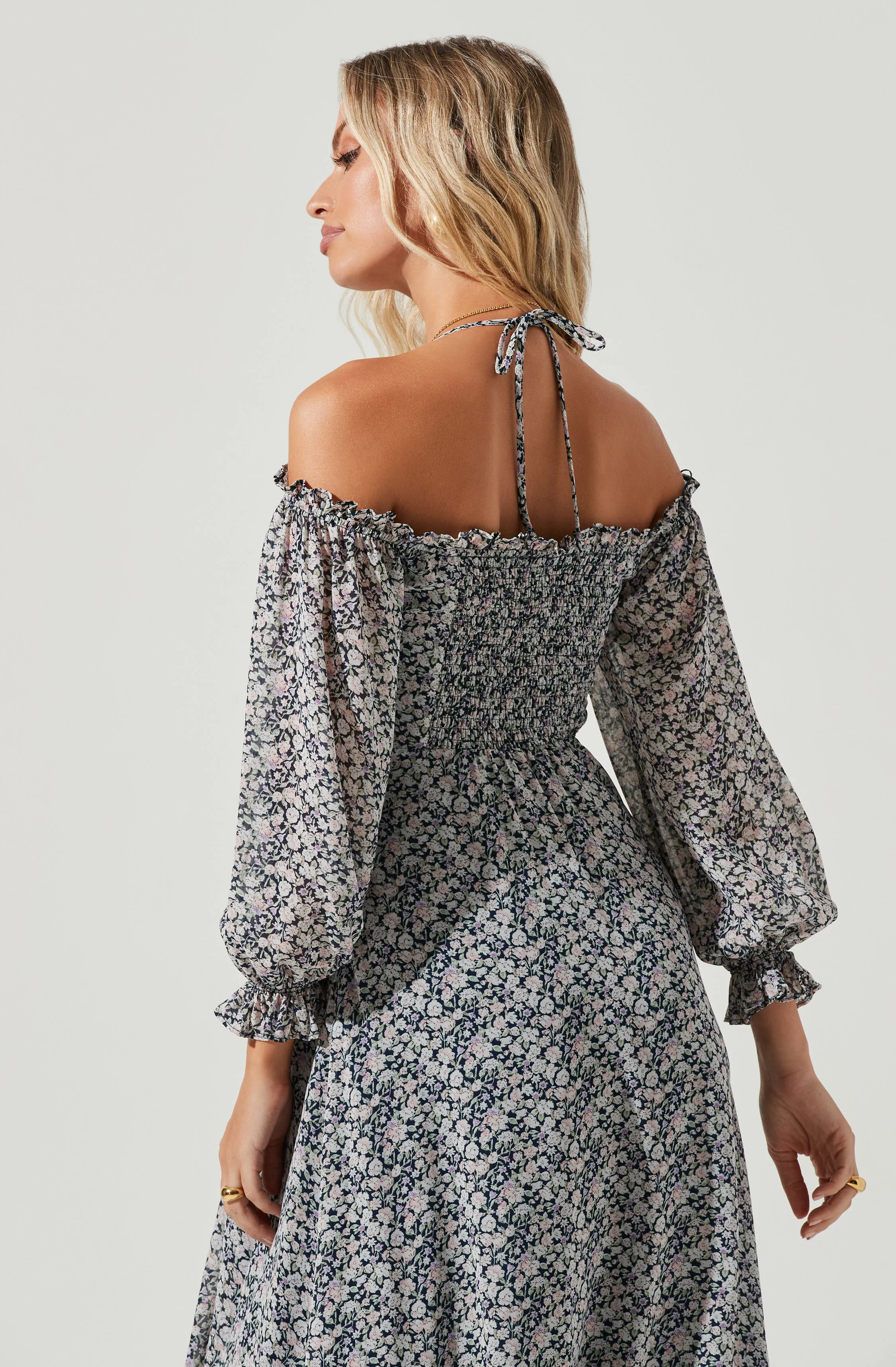 Off Shoulder Long Sleeve Cinched Bust Midi Dress