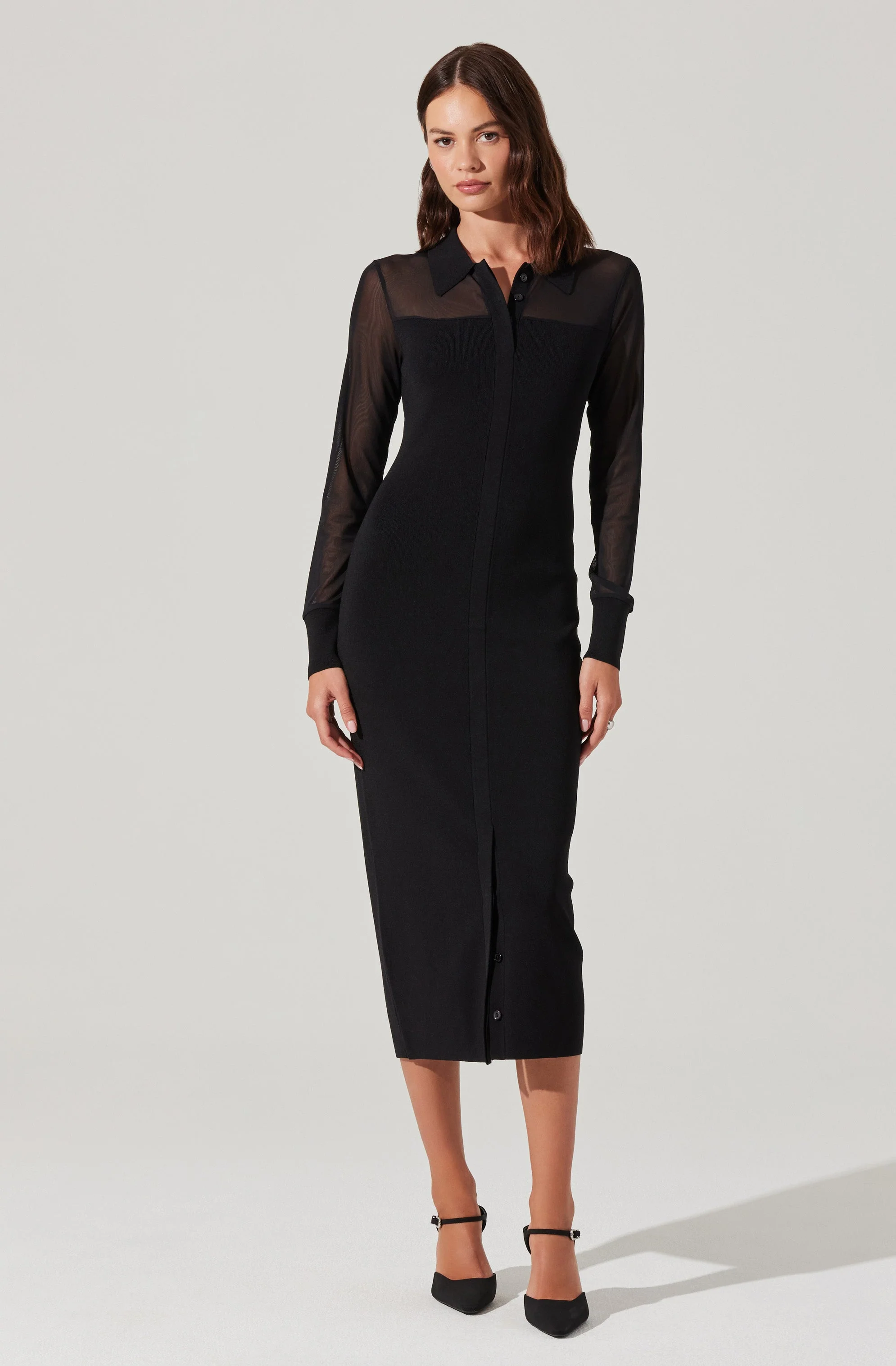 Contrast Mesh Collared Midi Dress