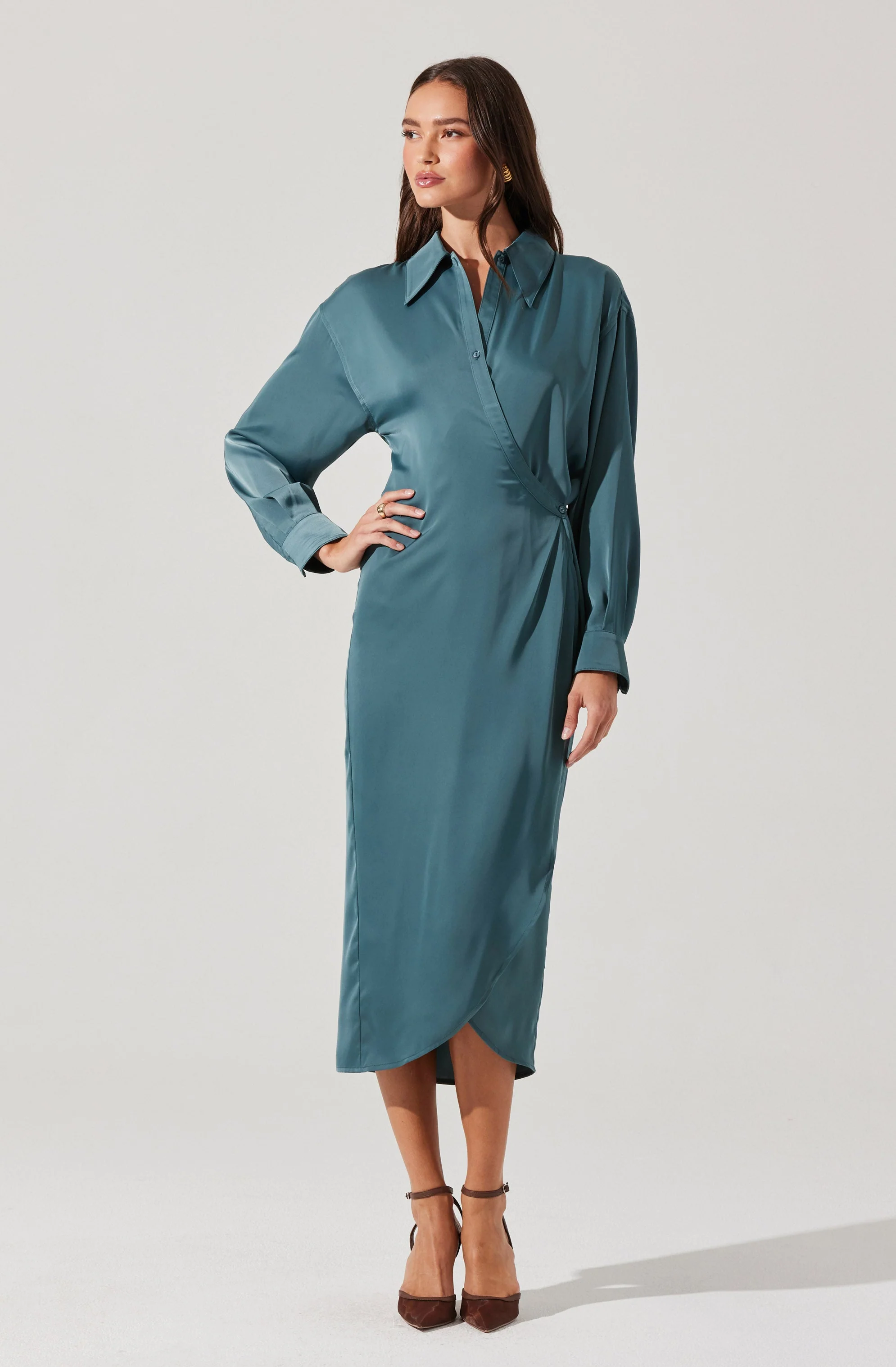 Ira Satin Wrap Shirt Dress