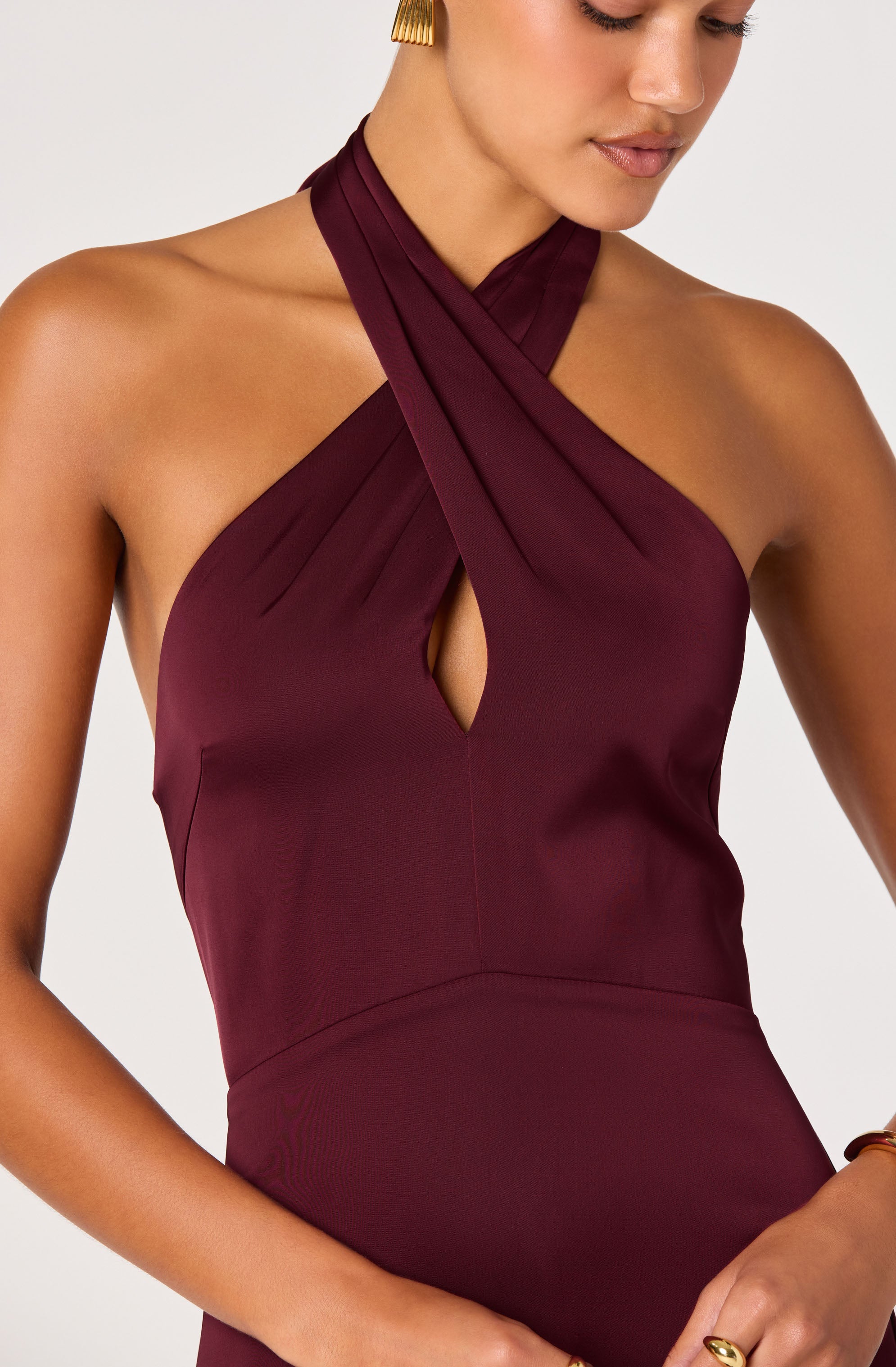 Satin Crossover Halter Midi Dress