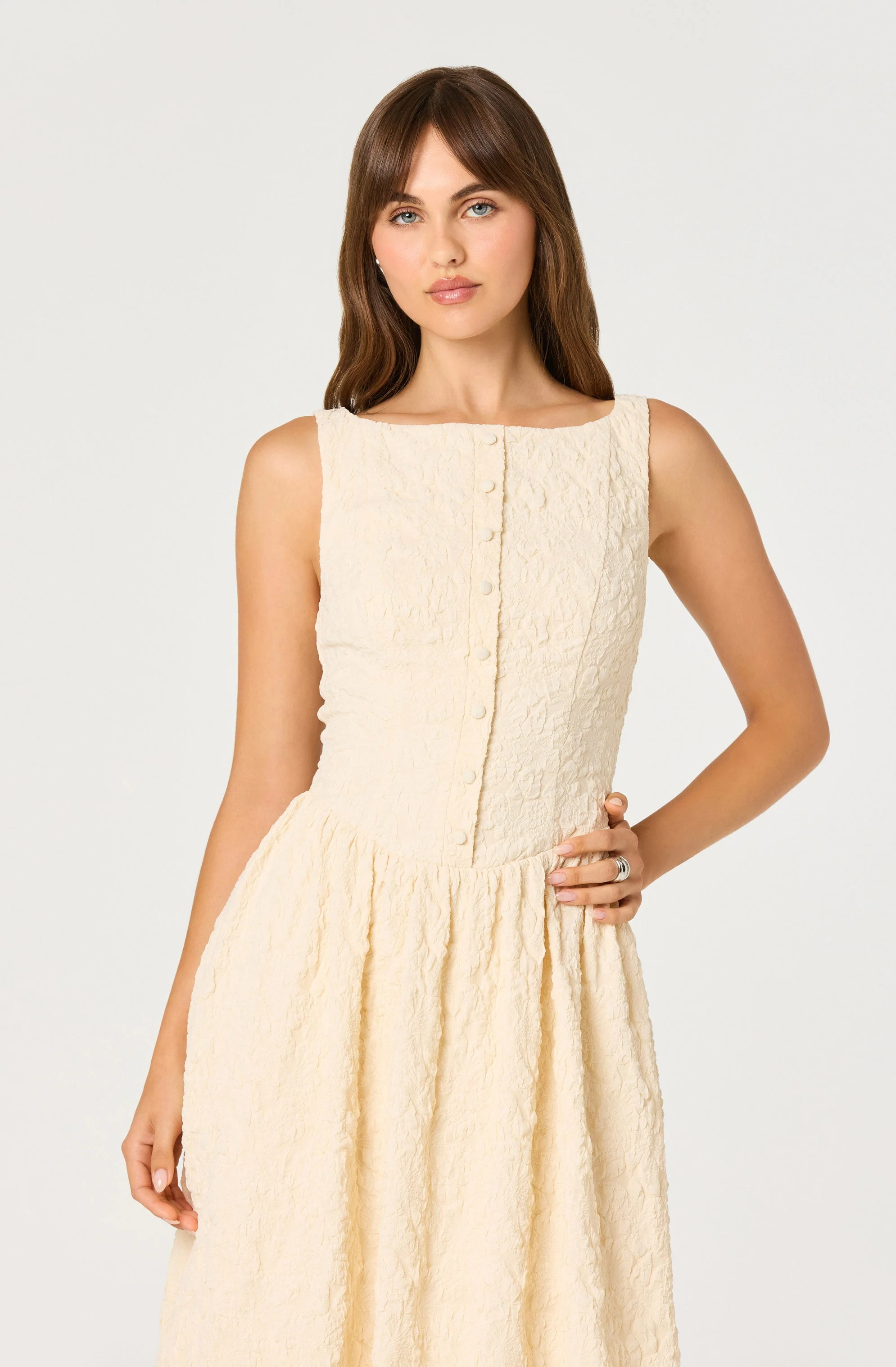 Button Front Boat Neck Midi Dress