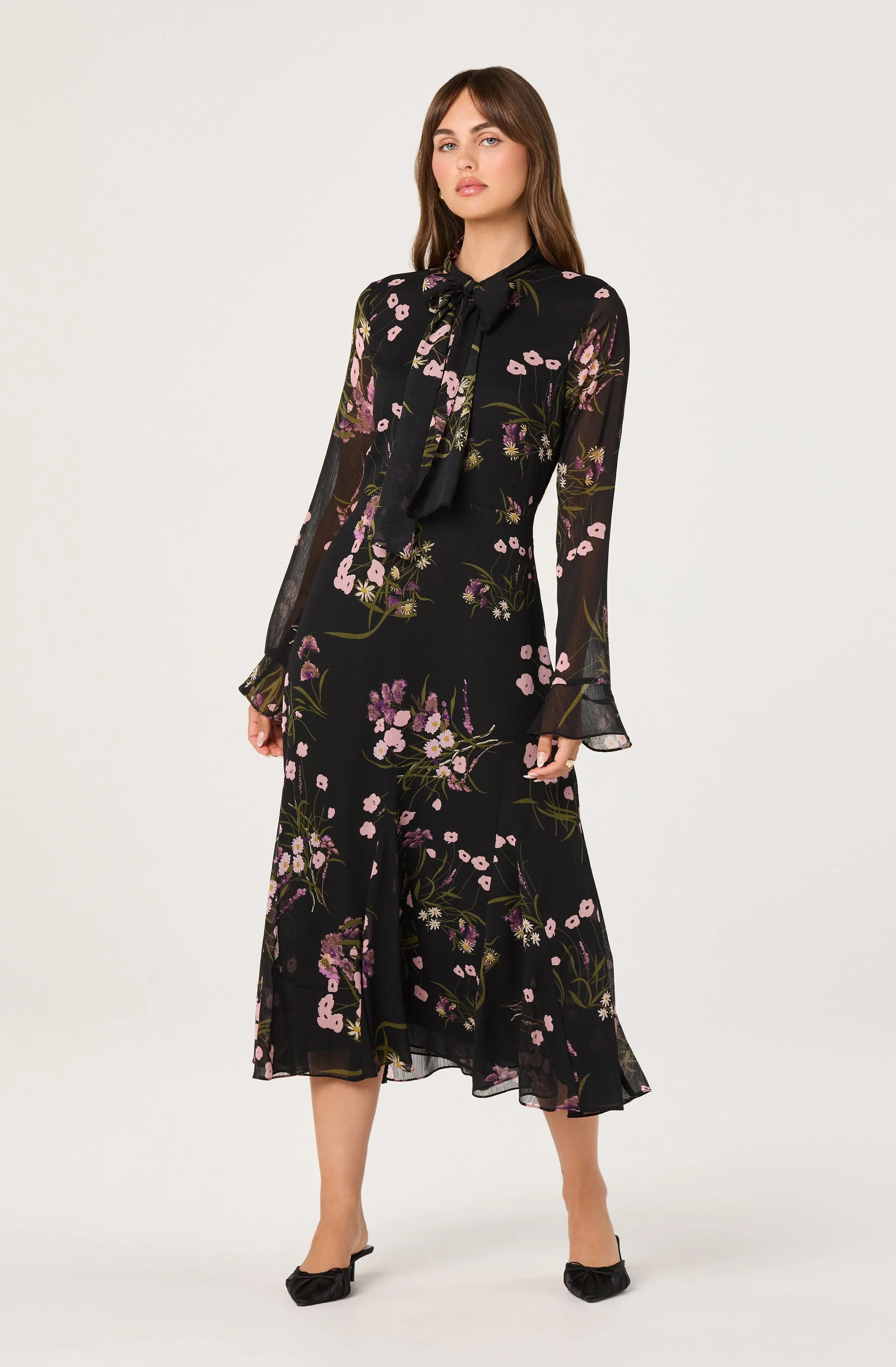 Tie-Neck Ruffled Midi Dress