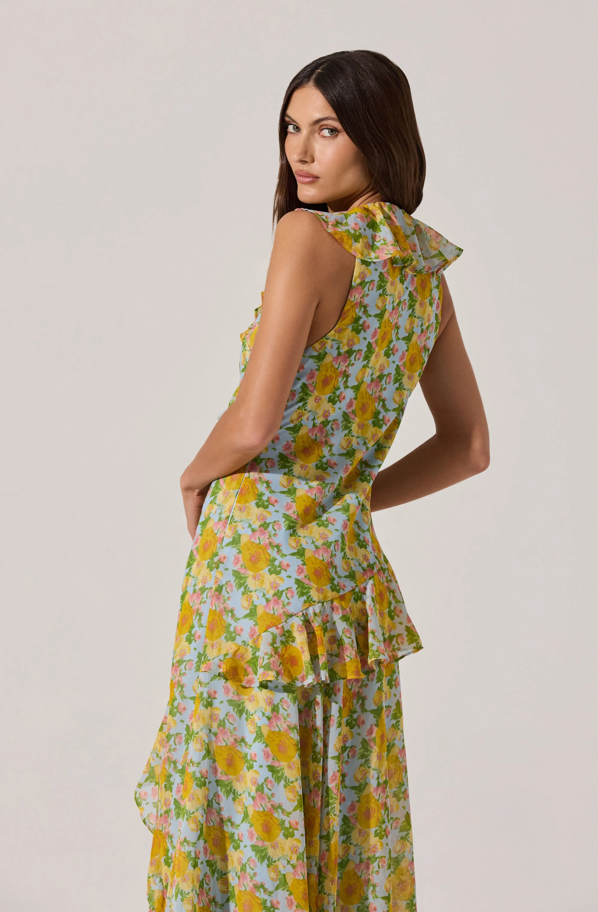 V-neck Floral Ruffle Midi Dress