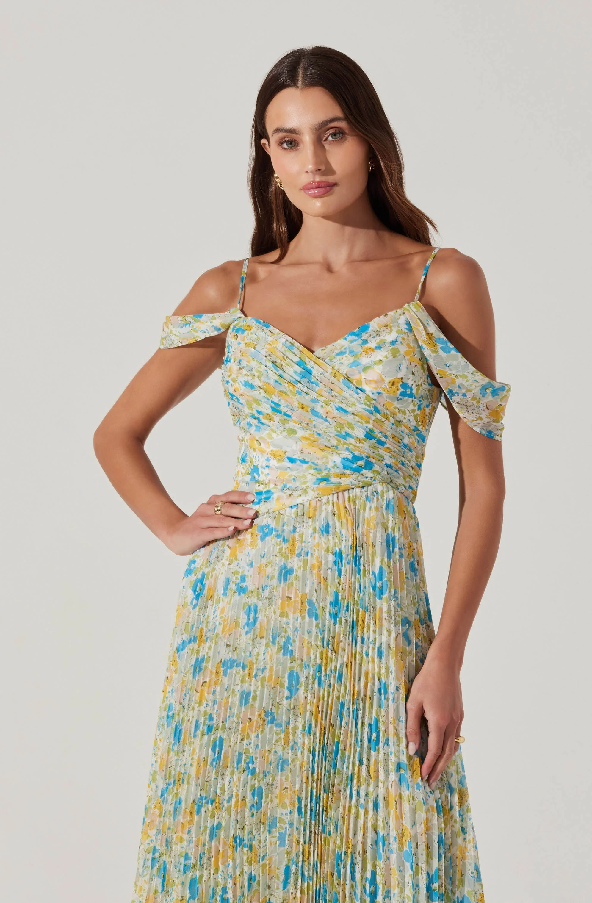 Pleated Cold Shoulder Midi Dress