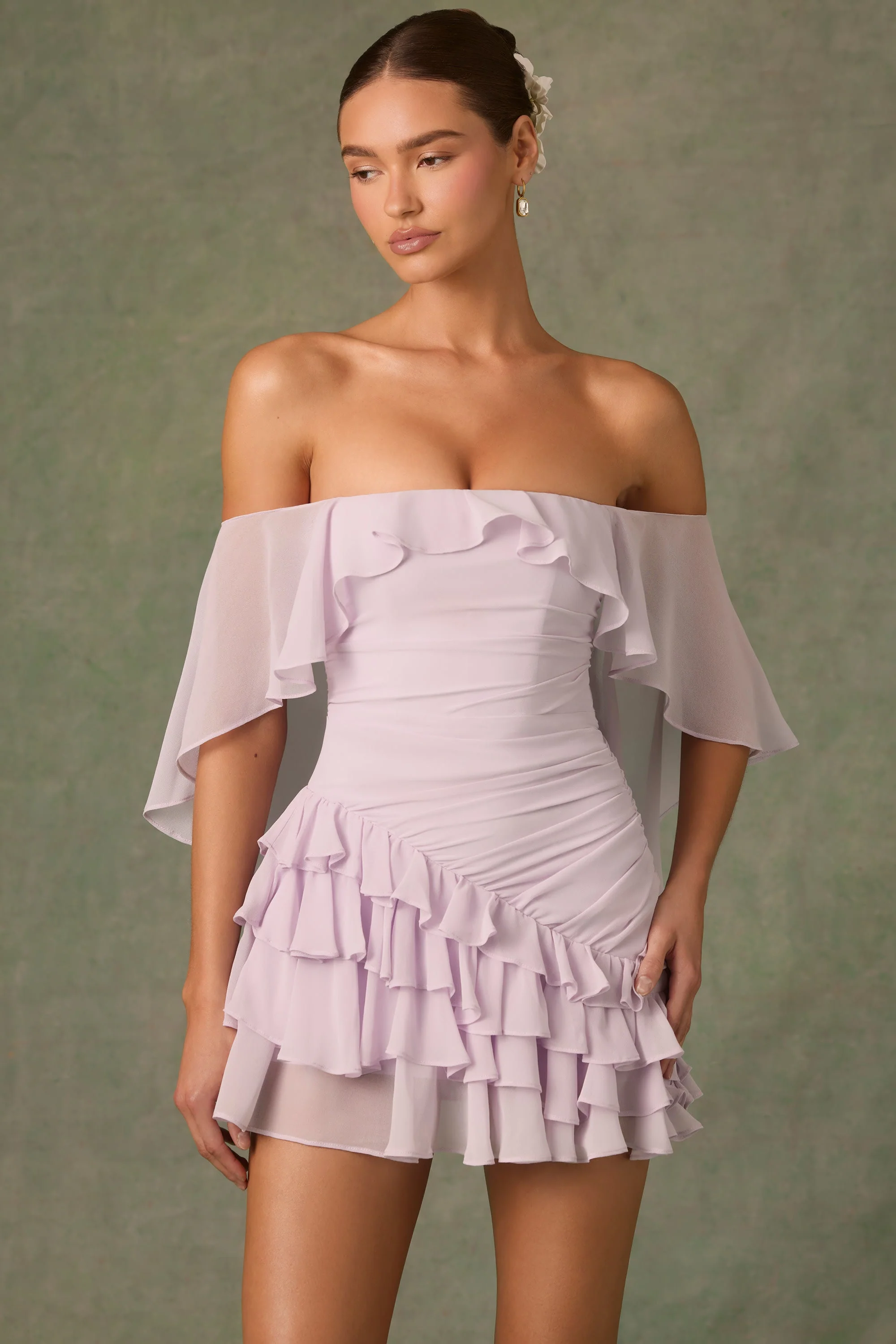 Off-Shoulder Ruffled Mini Dress in Lilac