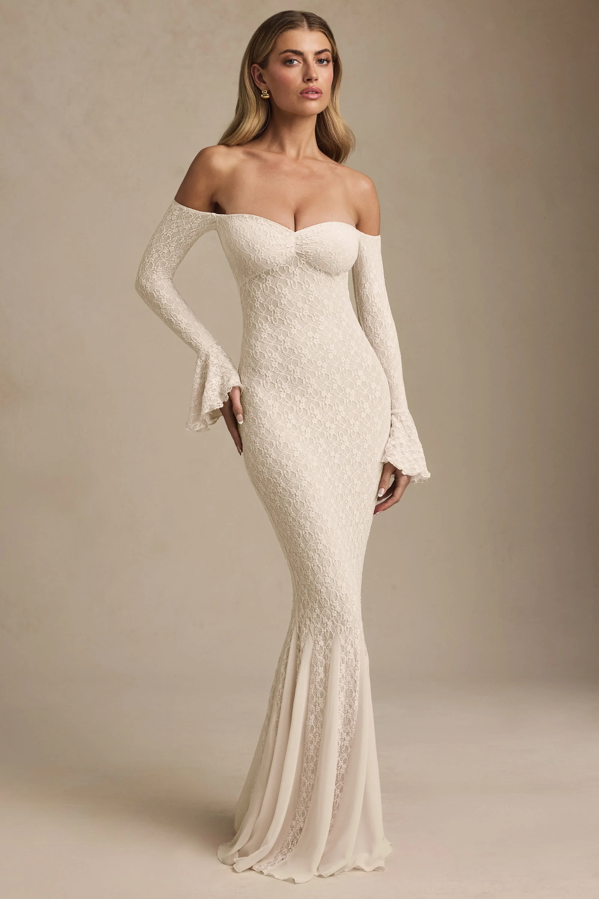 Off-Shoulder Ruffle Lace Maxi Dress in Ivory